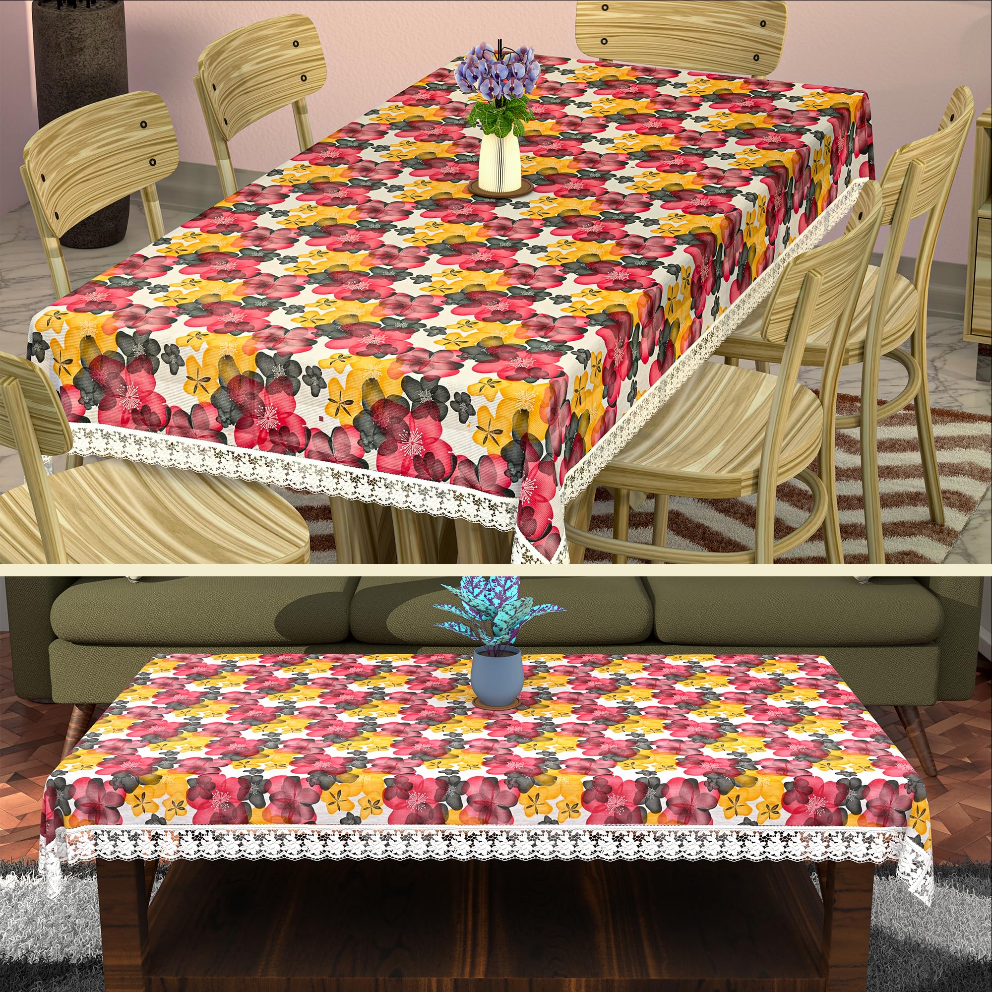 Kuber Industries Themed Combo Set – 6 Seater Dining Table Cover & Center Table Cover | Same Design Pair of Teapoy Table Cloth & Dinner Table Sheet | Multi Floral - White Red