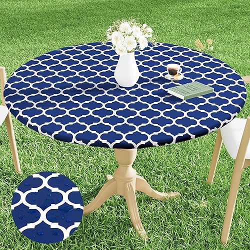 Miniatura 9 de Smiry - Mantel redondo de vinilo ajustable con bordes elásticos y parte trasera de franela mantel de vinilo impermeable lavable diseño enrejado