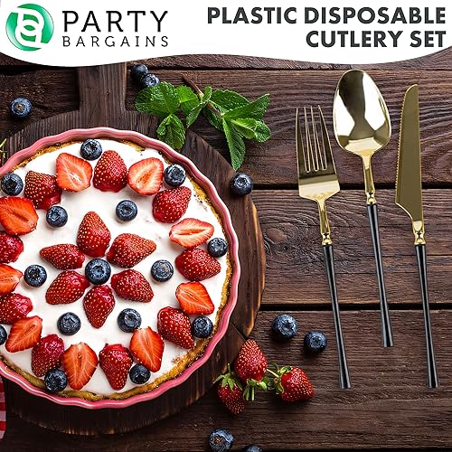 Miniatura 4 de Party Bargains Cubiertos desechables de plástico para ensalada, 40 unidades, negro y dorado, cubiertos de cocina de diseño moderno infinito,