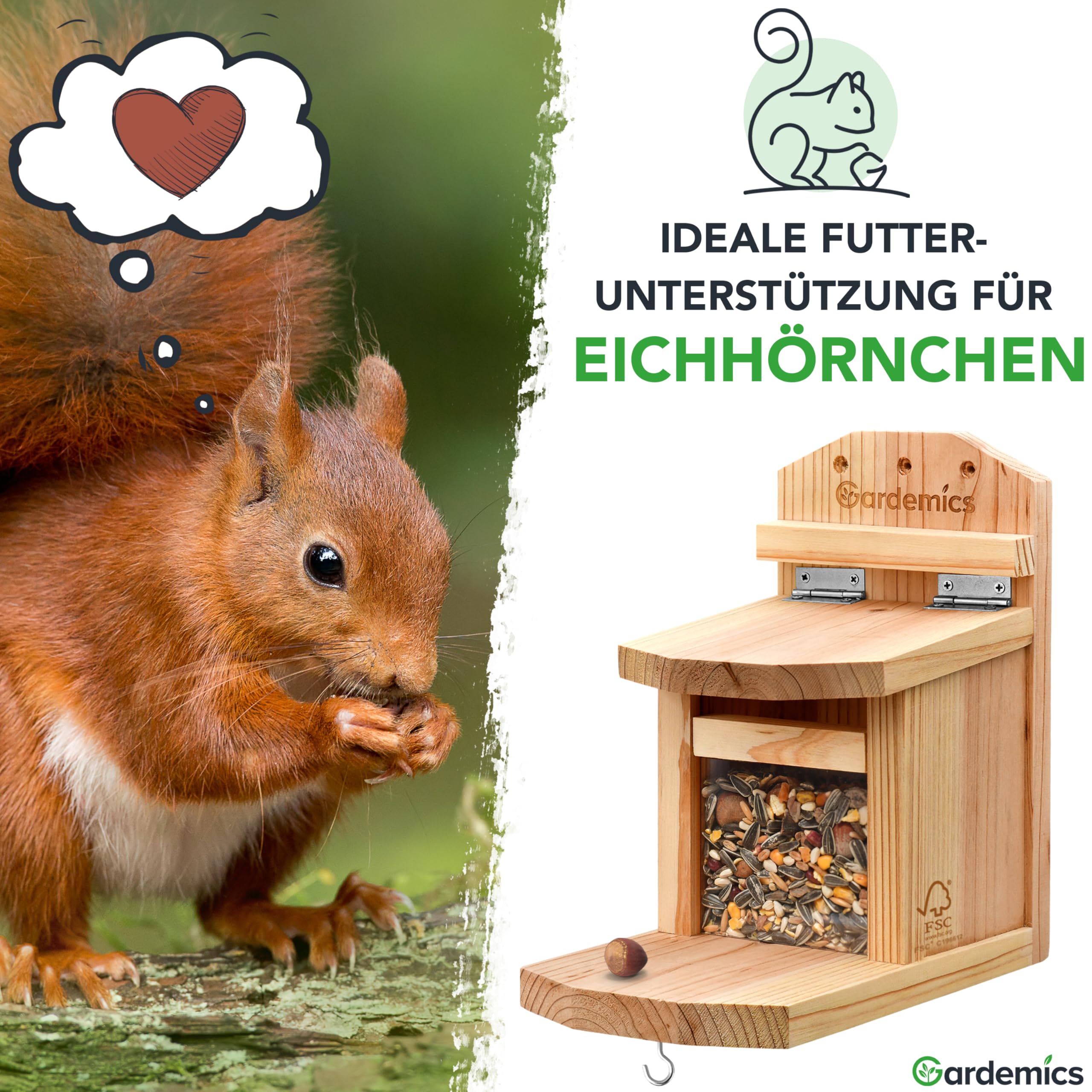 Gardemics Eichhörnchen Futterhaus wetterfest - Stabiles Eichhörnchen Haus aus verschraubtem Holz mit unbedenklicher Leinöl-Beschichtung - Eichhörnchen Futterstation inkl. Belüftungslöchern