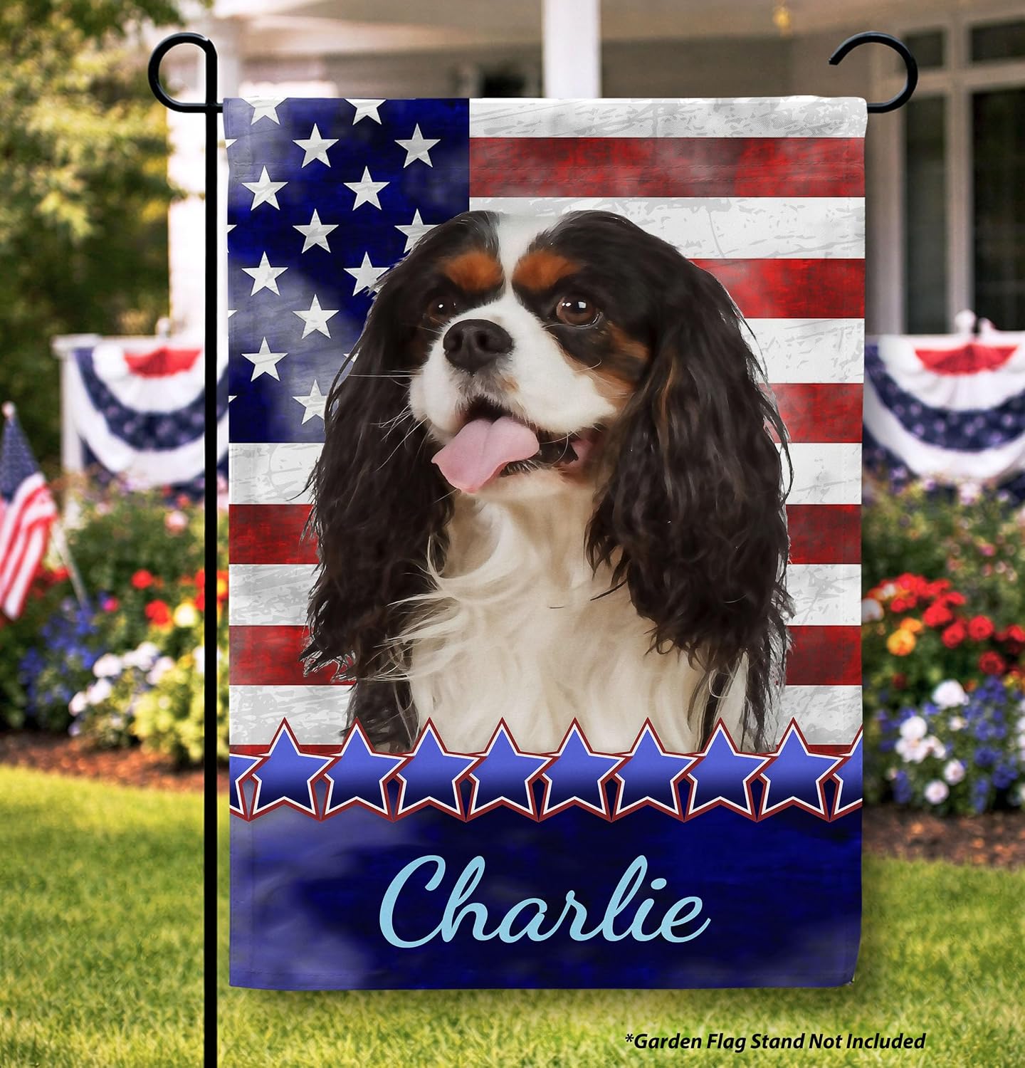 Personalized Cavalier King Charles Spaniel Garden Flag, Patriotic July 4th Outdoor Yard Decor, Custom Dog Name American Flag for Lawn Porch Patio, Flagology