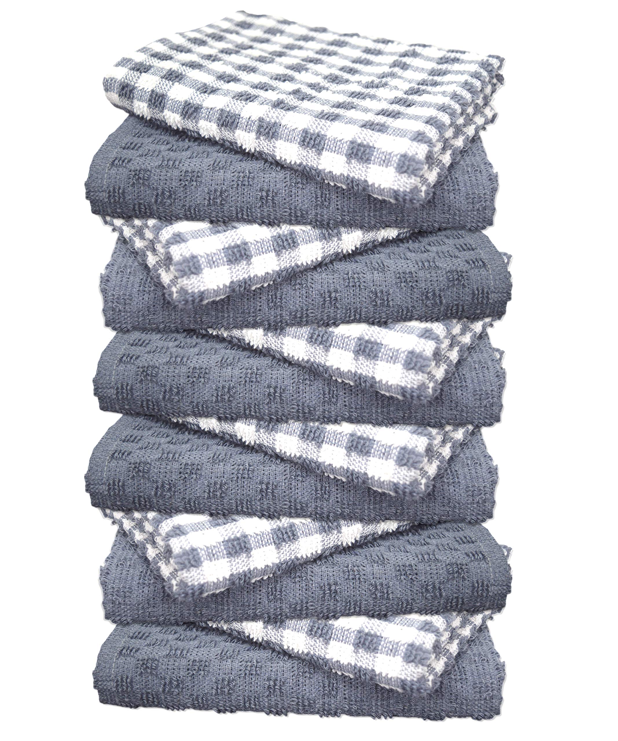 A & B TRADERS 100% Cotton Terry Tea Towels Packs (Sets of 2, 3, 6, 12 or 15) Egyptian Mono Check Superdry Soft Professional Hotel Quality Kitchen Dish Cloth (SILVER, 12)