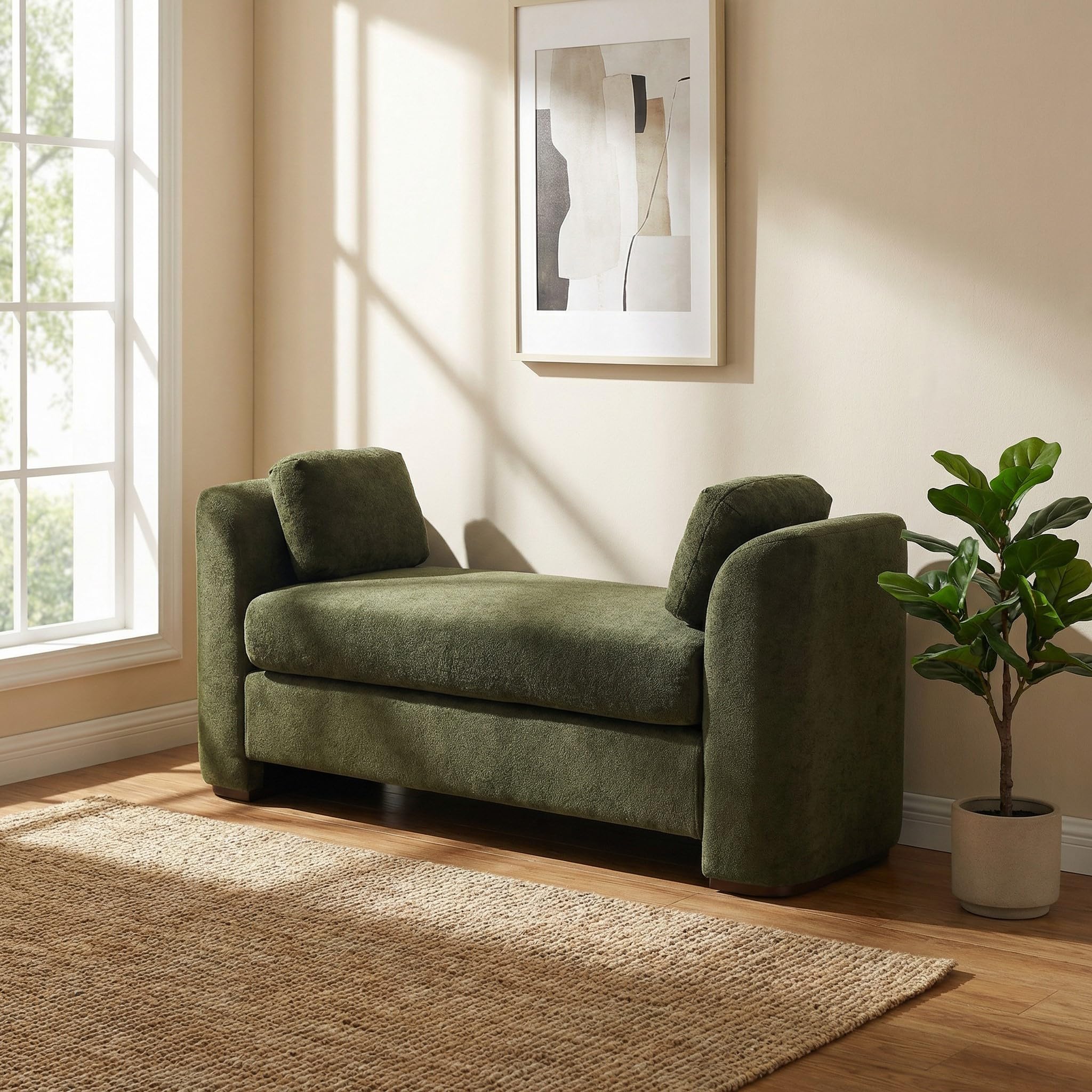 Velvet Ottoman Bench with Pillow and Wooden Base