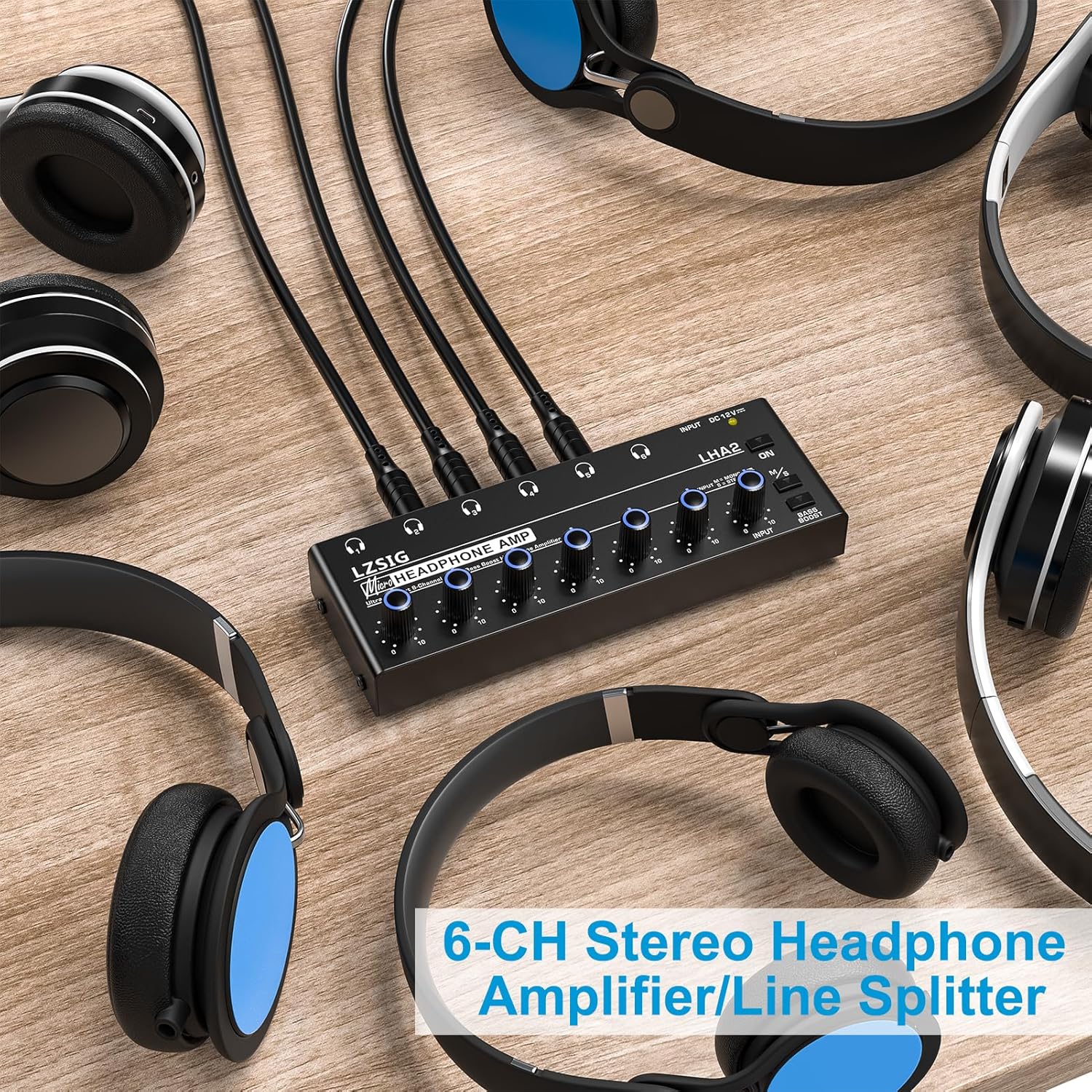 LZSIG Headphone Amplifier 6 Channel Metal Stereo Audio Amplifier with Bass Boost,Mini Earphone Splitter with Power Adapter,1/4" & 1/8" TRS Headphones Output and TRS Audio Input, DC 12V