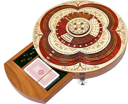 Miniatura 5 de PALM ROYAL HANDICRAFTS Juego de mesa redondo de madera de 4 pistas hecho con madera de sangre, madera de arce, palisandro y madera de teca, juego de