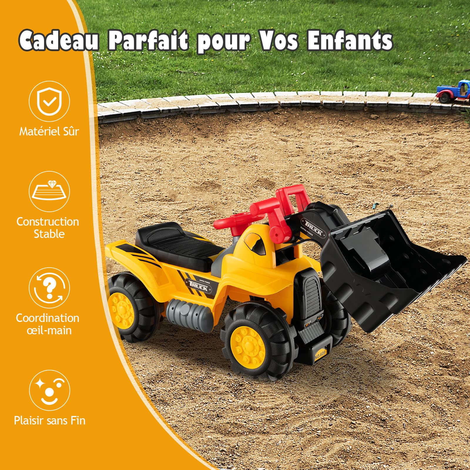 DREAMADE Excavatric Jouet Bulldozer pour Enfants, Véhicule Jouet avec Volant et Espace de Rangement, pour Enfants 3 + Ans