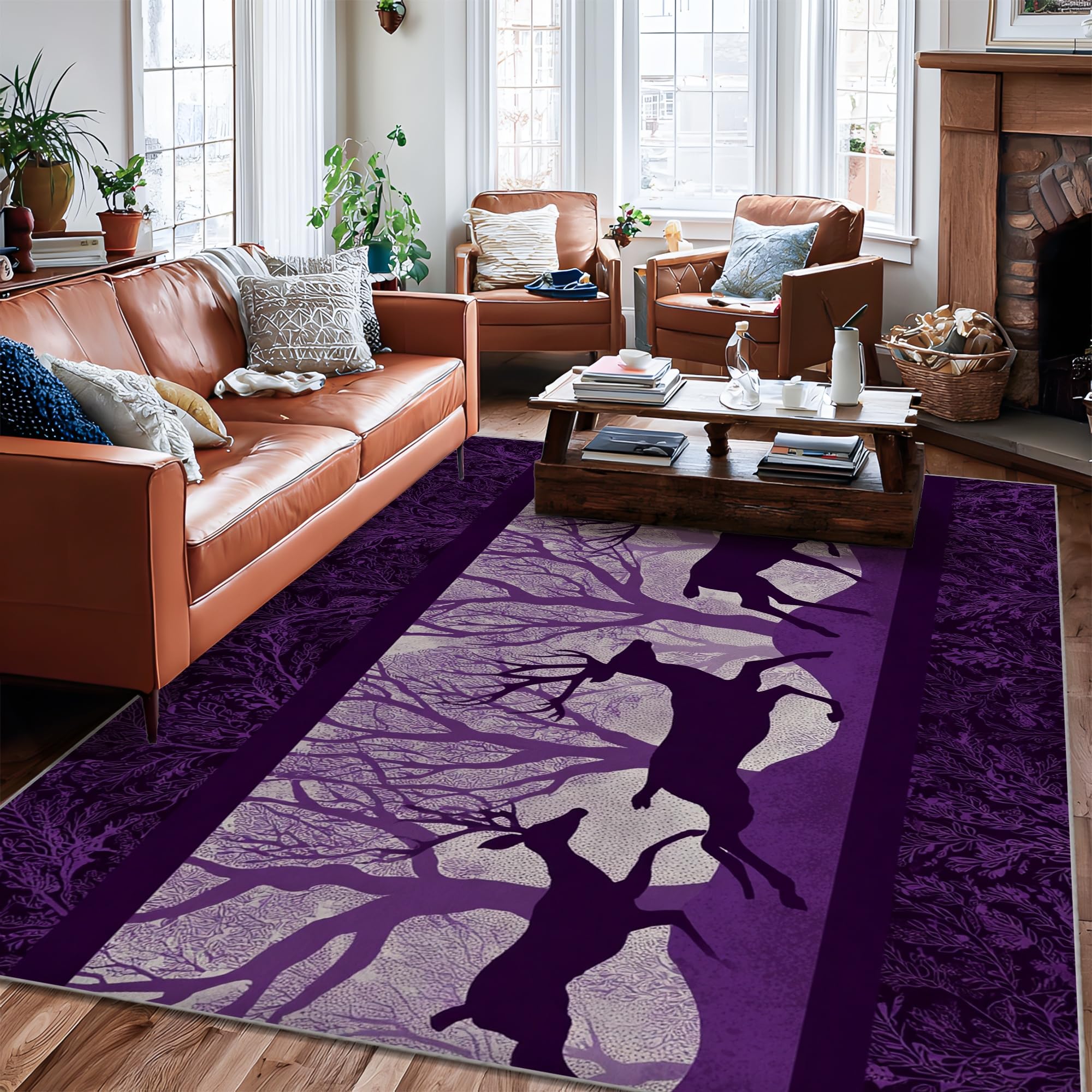 Tapis de sol rectangulaire violet 1,8x2,7m avec envers antidérapant et motif cerf