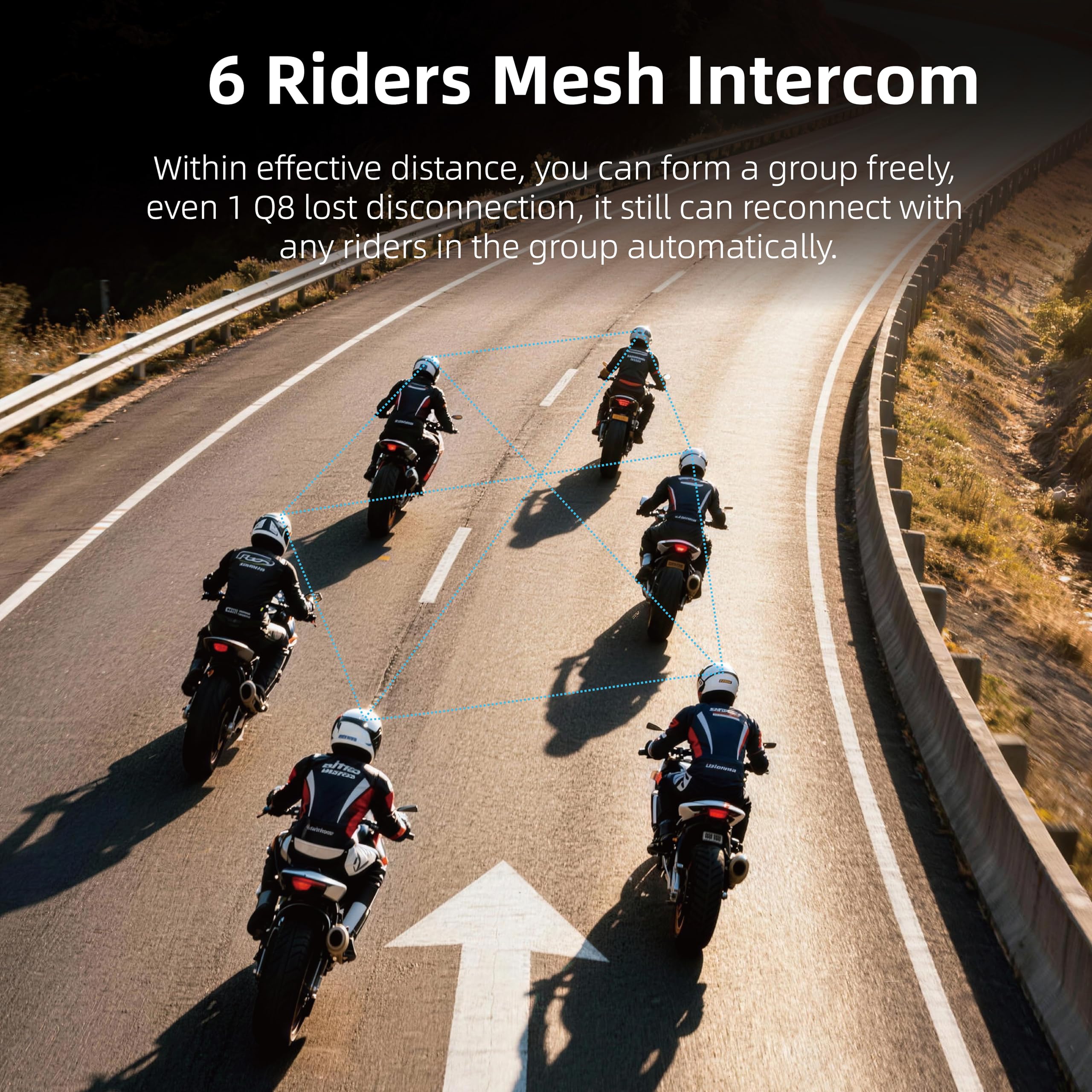 EJEAS Q8 - Cuffie interfono Bluetooth 5.1 per moto, con condivisione della musica e riduzione del rumore CVC, per 6 ciclisti in rete, confezione da 2