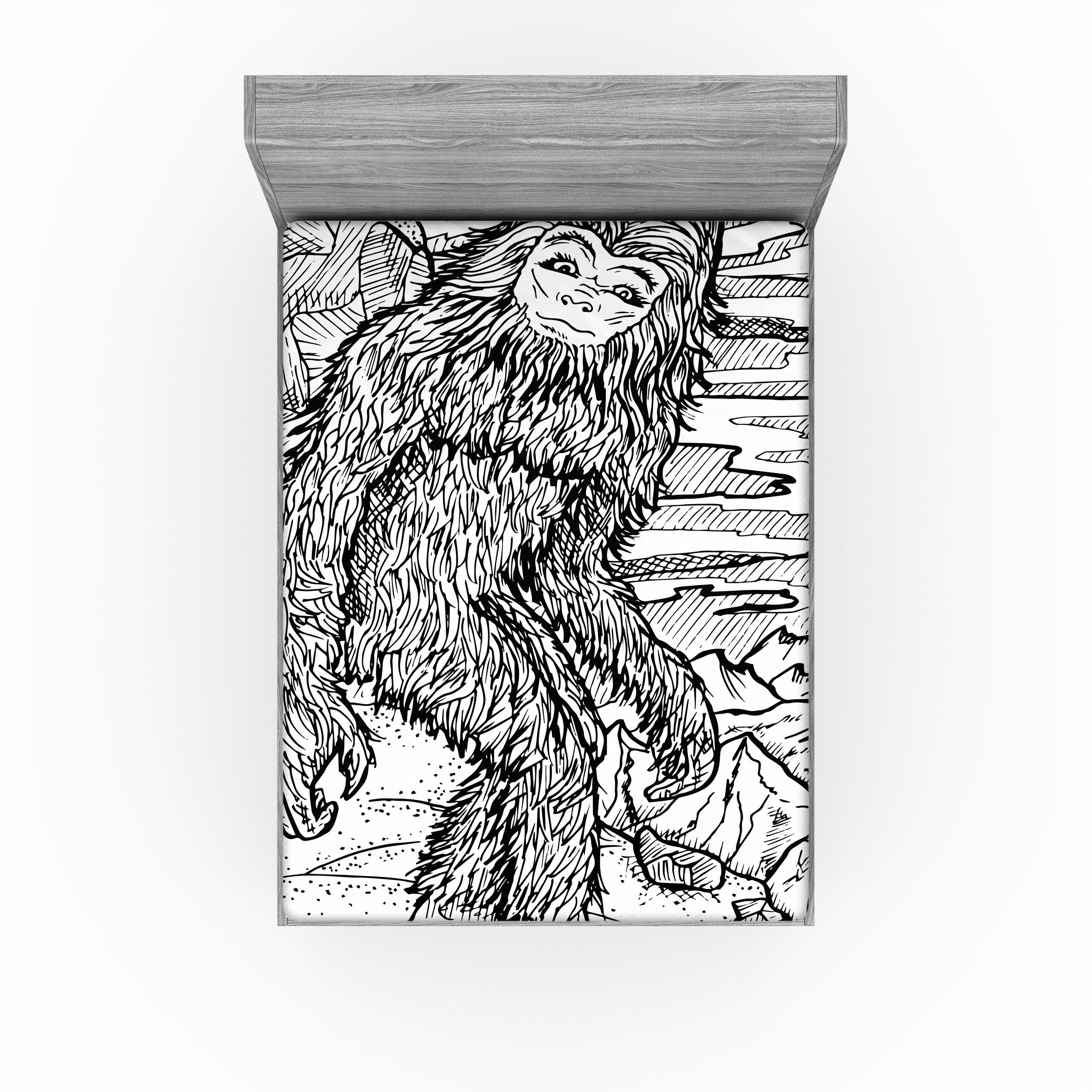 Ambesonne Bigfoot 2 Pack Fitted Sheet, Mythical Yeti Creature, Bed Cover All-Round Elastic Deep Pockets 2 Pieces, Package Contains 2 Full Size Fitted Sheets, Black Print