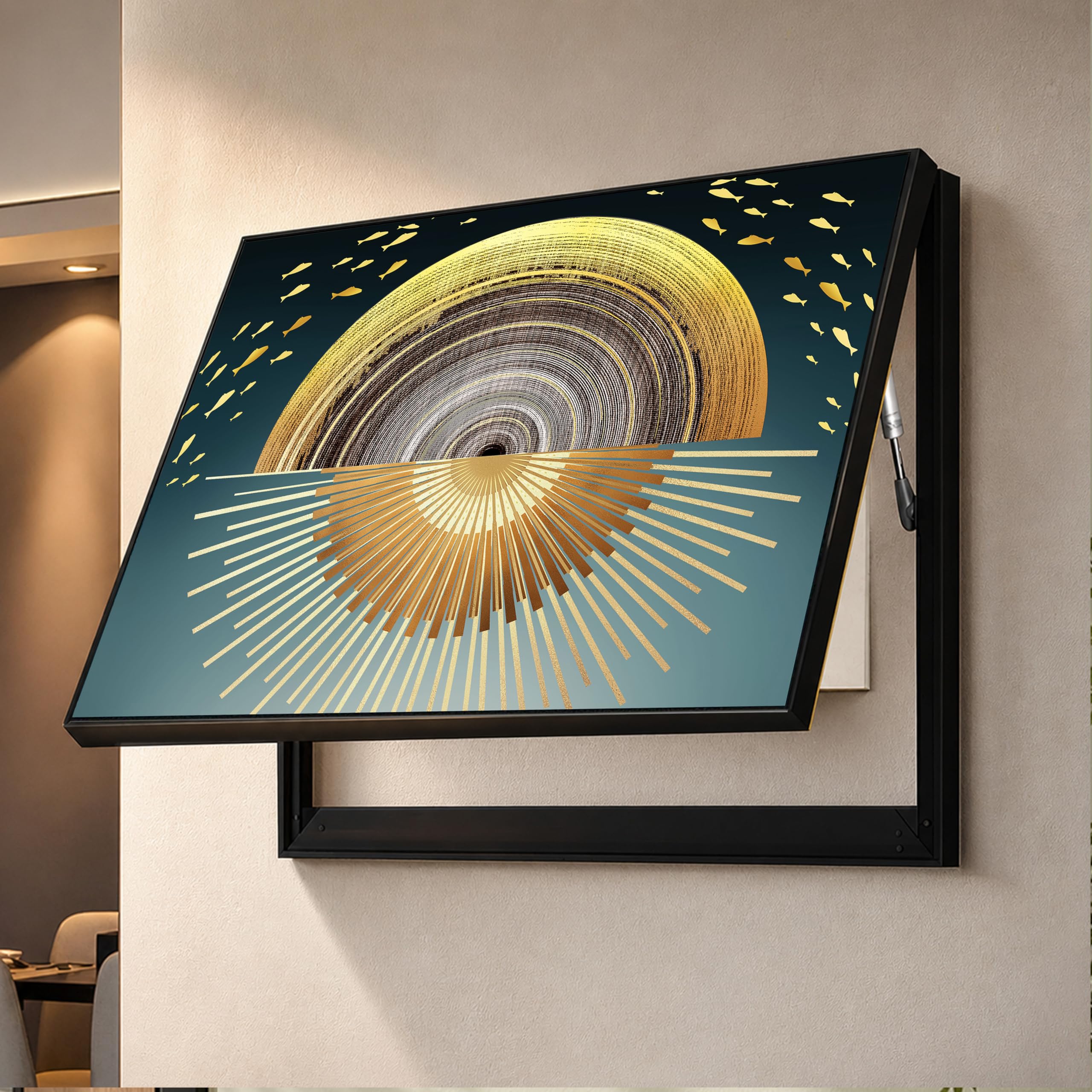 Electric MCB Box Cover Frame With Hydraulic Decorative Gold Sun Painting Electrical Panel box Cover, Switch Box Frame Will Fit Max 15x20 inch Switch Board, Outer Box Size 17X23 Inch-image-13