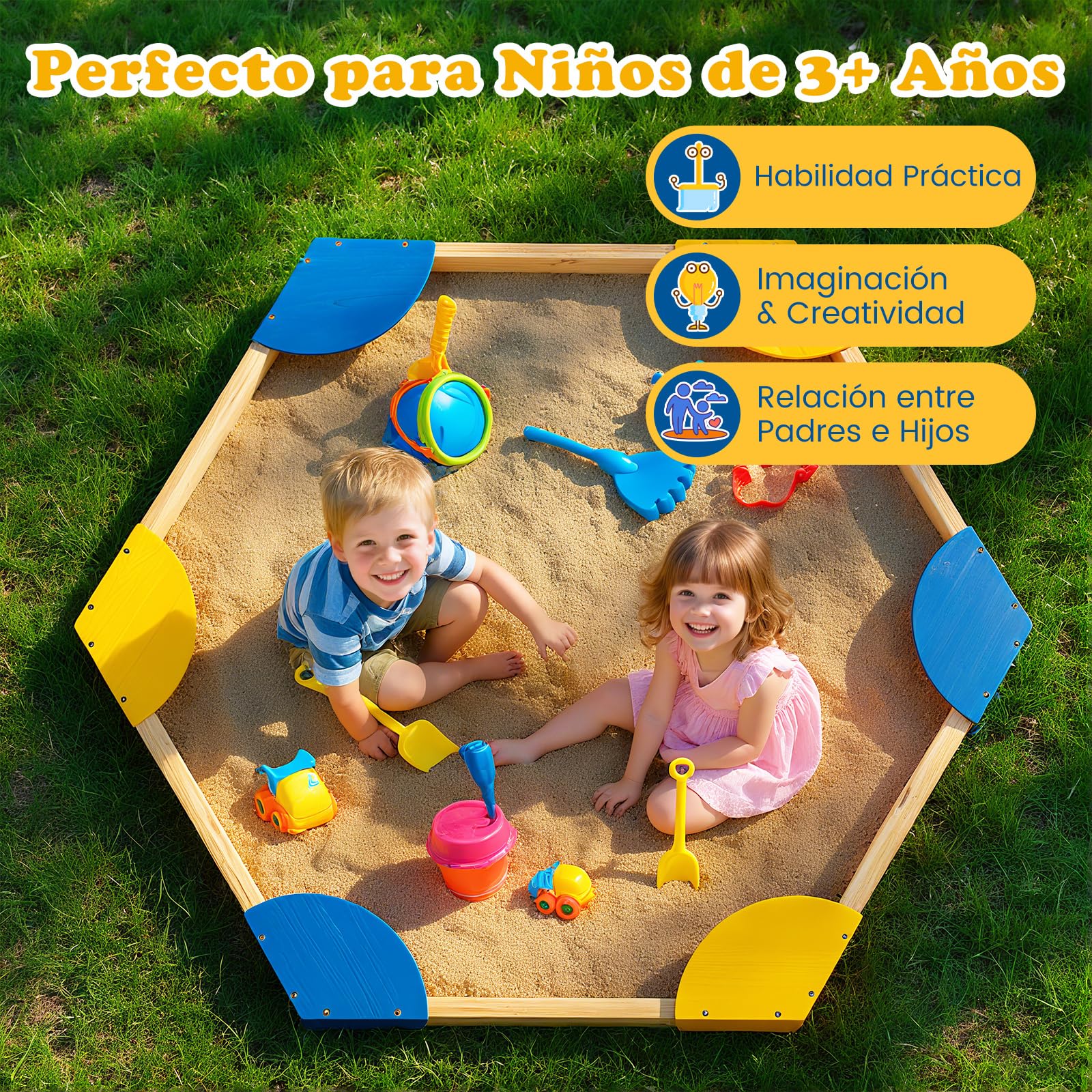 COSTWAY Arenero Infantil, 140 x 122 x 14 cm, Arenero de Madera para Exteriores, Caja de Arena de Madera con 6 Asientos en Forma de Abanico Incorporados y Estructura sin Fondo, Arenero Niños Exterior