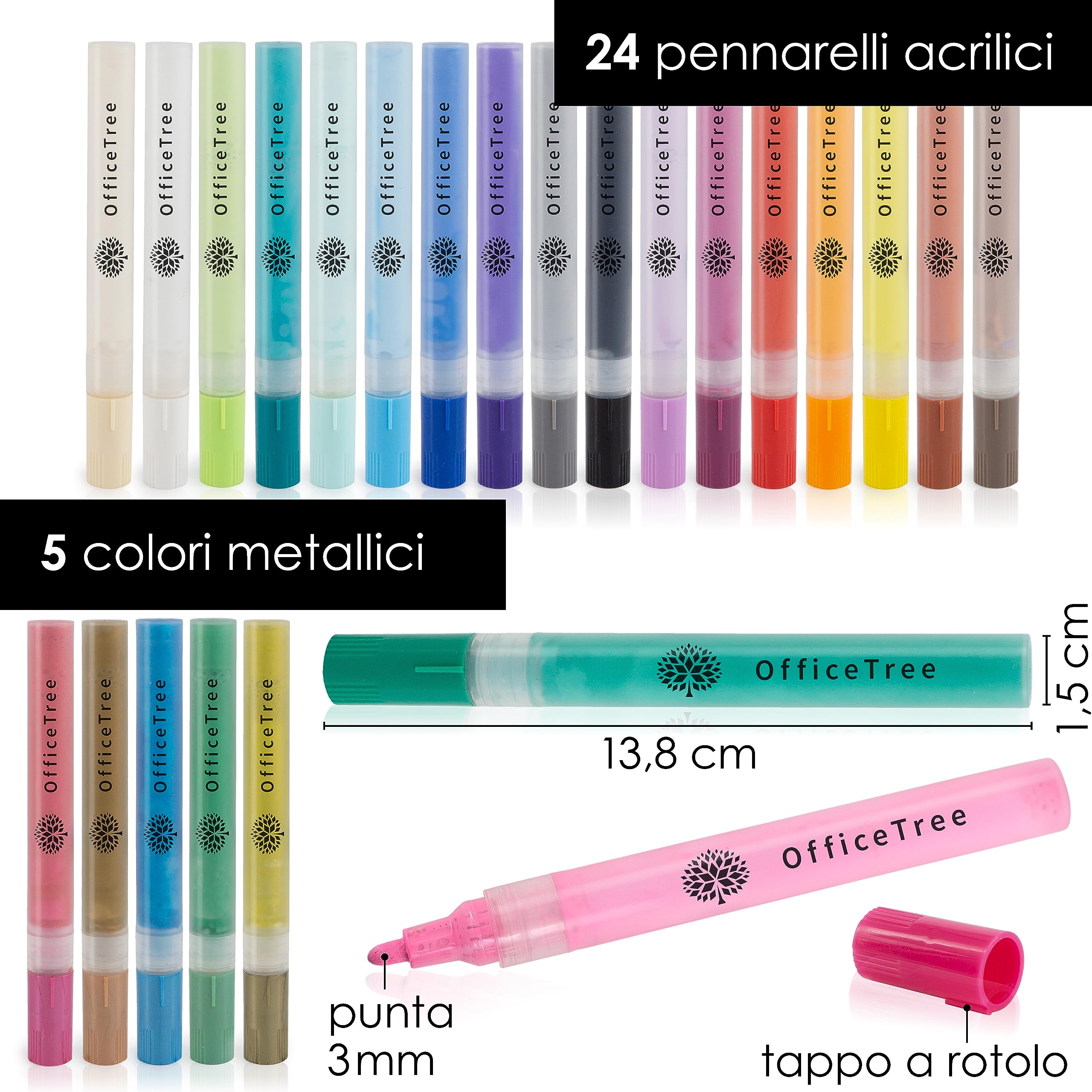 OfficeTree 24x Pennarelli Metallici - 12 Colori, 2 Punte e 5