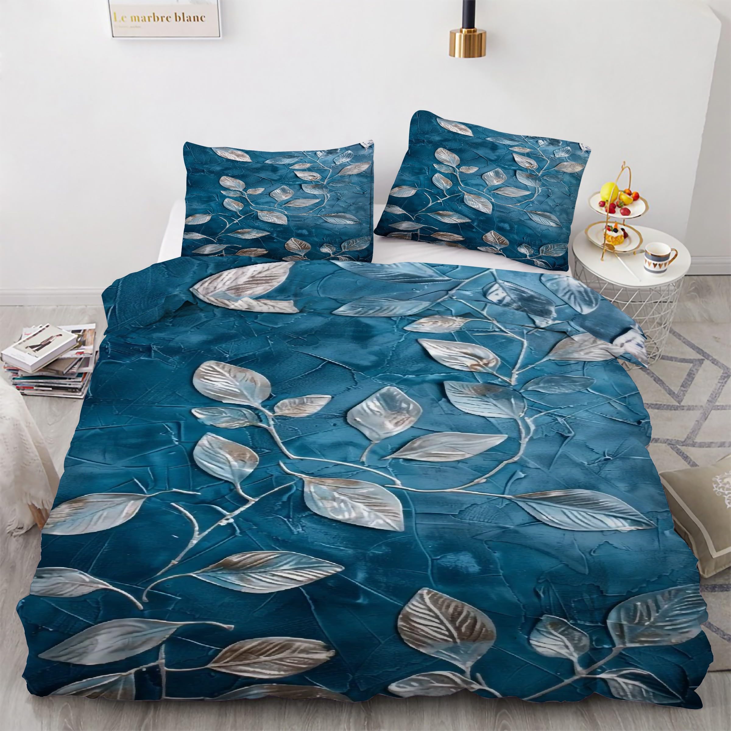 Parure de lit 90x190 feuille bleu avec housse de couette et 2 taies d'oreiller