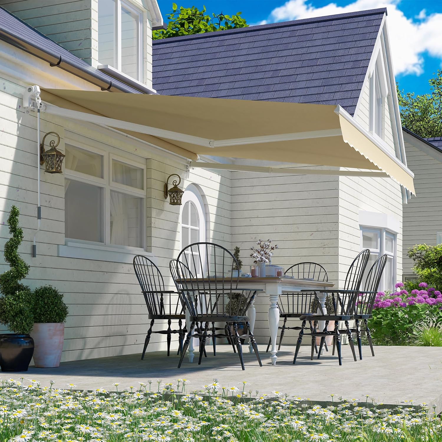PATISOL 8'x7' Patio Awning Retractable Fully Assembled Manual Sunshade Shelter Aluminum Frame, 100% 280G Polyester Water-Resistant Outdoor Window Door Awning Deck Canopy Balcony Yard Business (Beige)