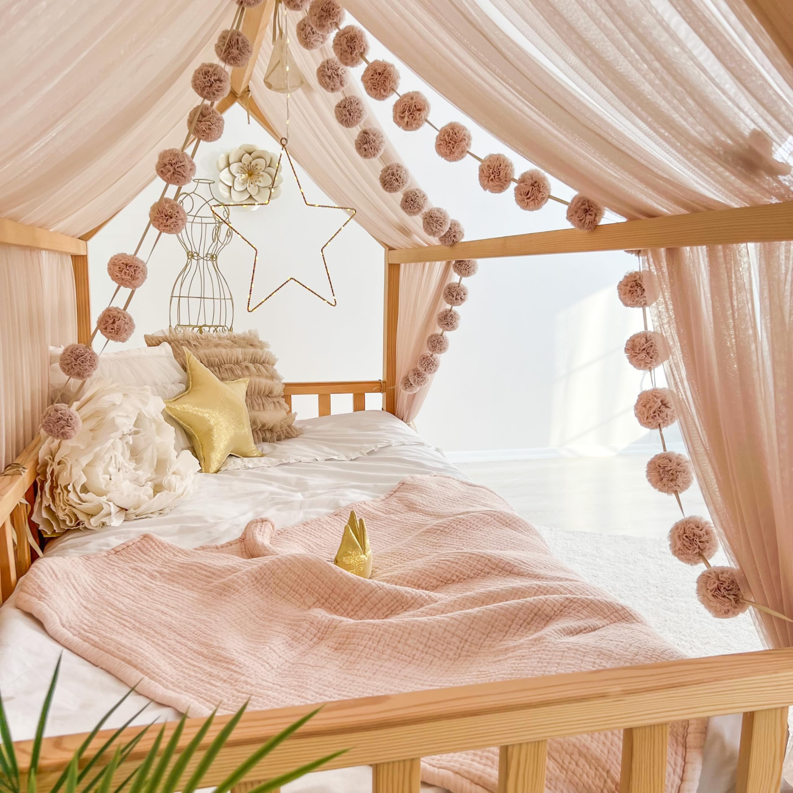 Toldo de cama estilo princesa para niñas, decoración de habitación de niños para camas Montessori, regalo de tul suave para niños pequeños (piedra rosa, 380 cm, juego de 2)
