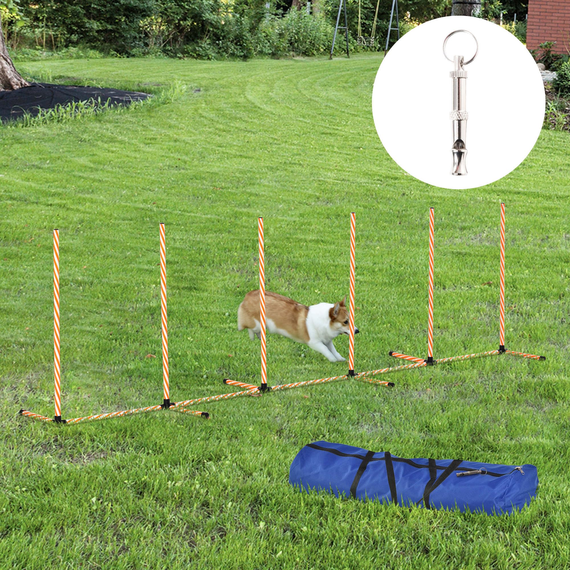PawHut Equipo de entrenamiento de agilidad para perros, obstáculo para correr con postes de tejido, silbato, bolsa de transporte, juegos al aire libre, ejercicio