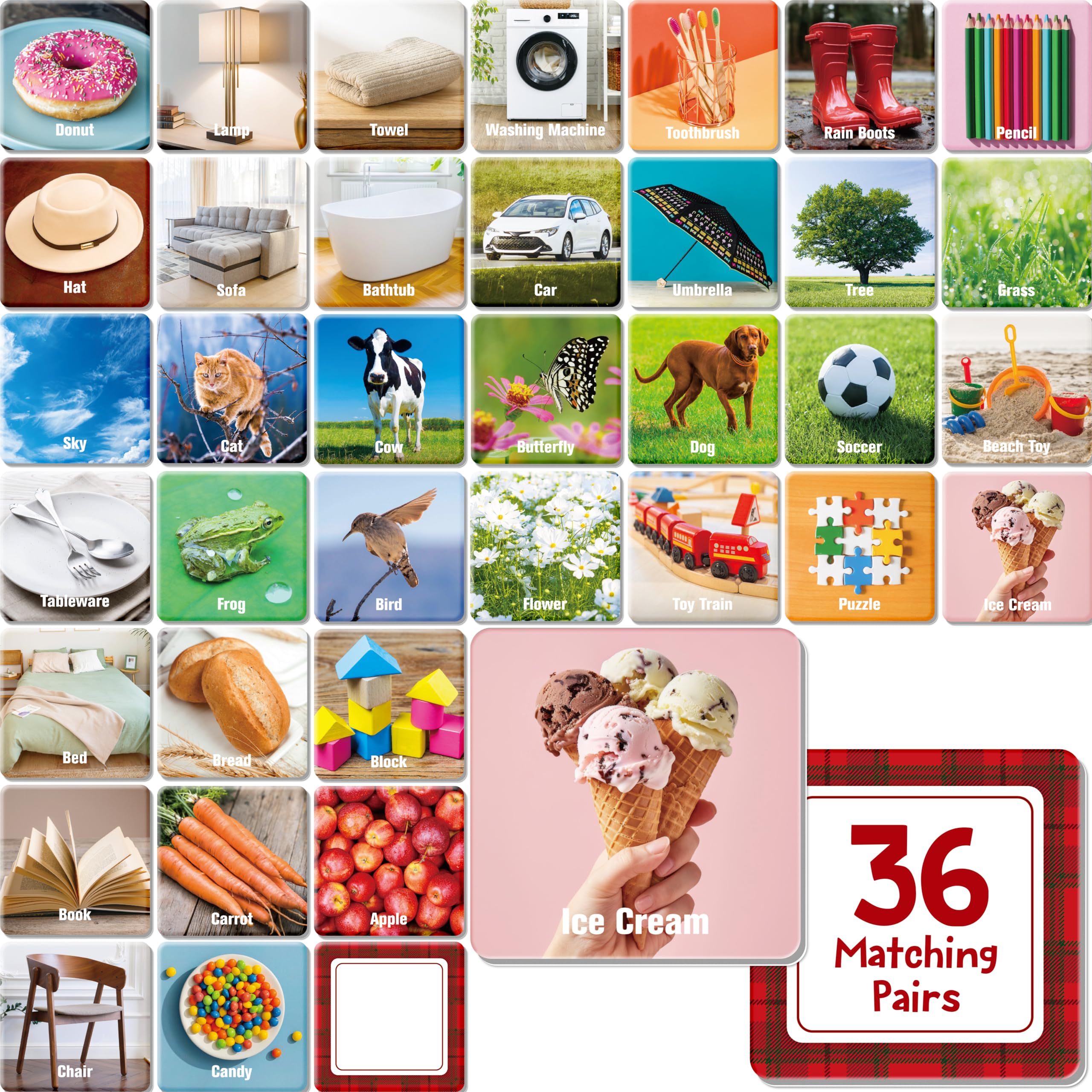 Hebayy 72 PCS Daily Items Matching Game, 36 Designs Everyday Objects Memory Cards Engaging Picture Matching Game, Educational Learning Toys for Preschool 4 5 6 Years Old