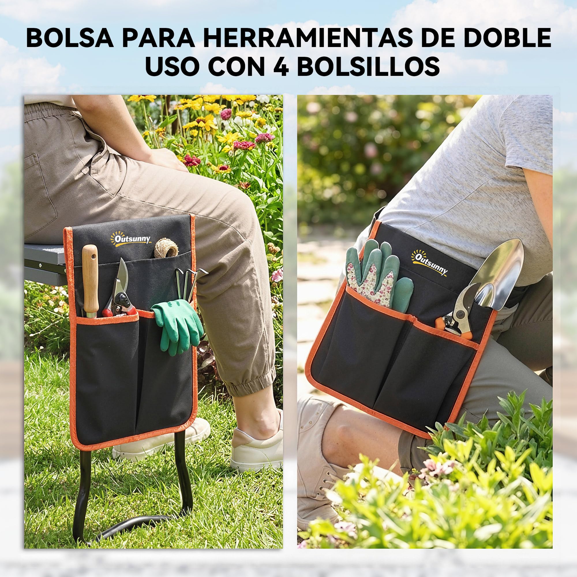 Outsunny Taburete de Jardín Plegable con Almohadilla de Espuma EVA, Asiento de Jardín Portátil con Bolsa para Herramientas en Cintura, Carga 150 kg, Regalo para Jardineros, Ancianos, Negro