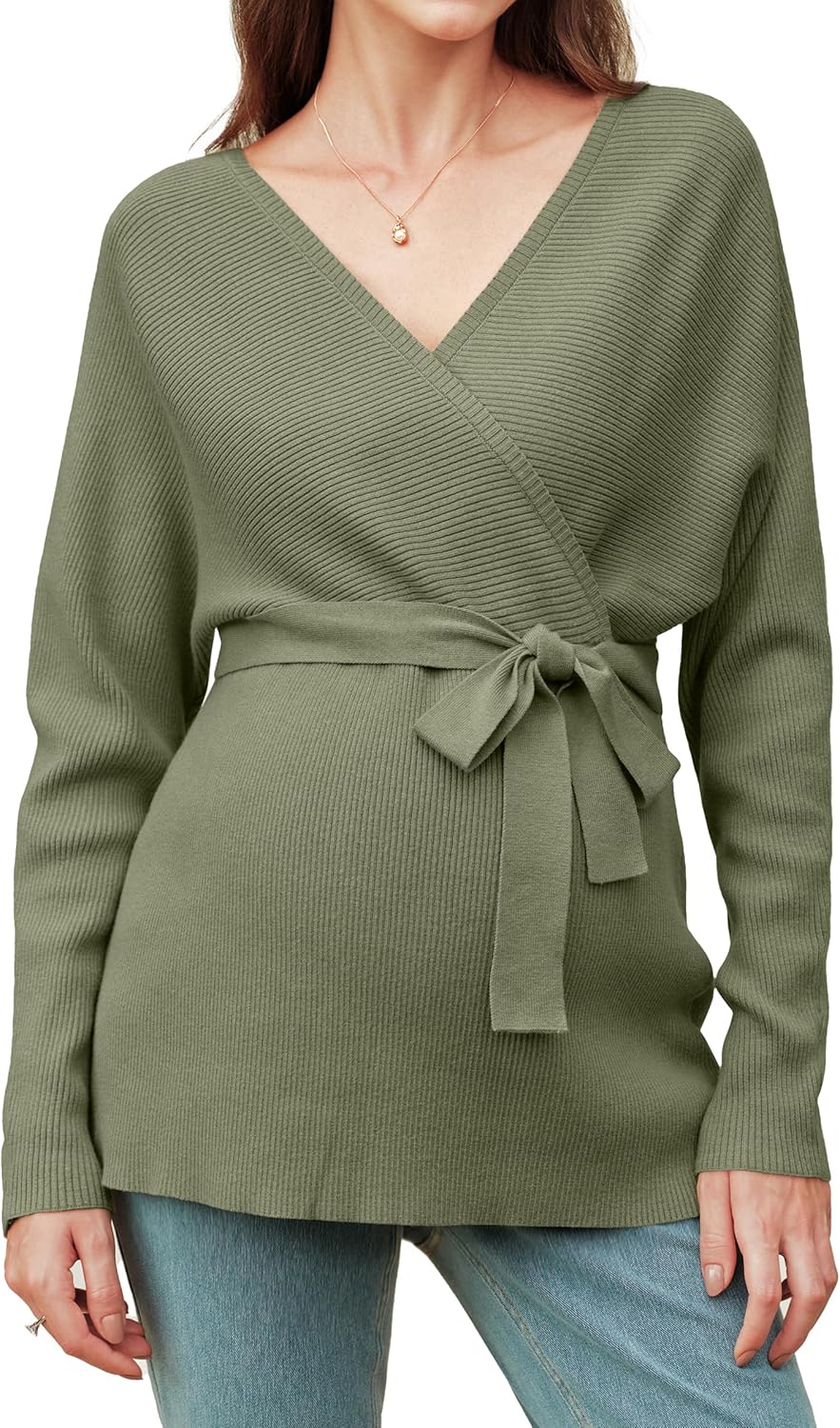 OUGES Womens Soft Cotton Blend Maternity Sweater Wrap V Neck Long Sleeve V Back Fall Shirts Pregnancy Outfits with Belt