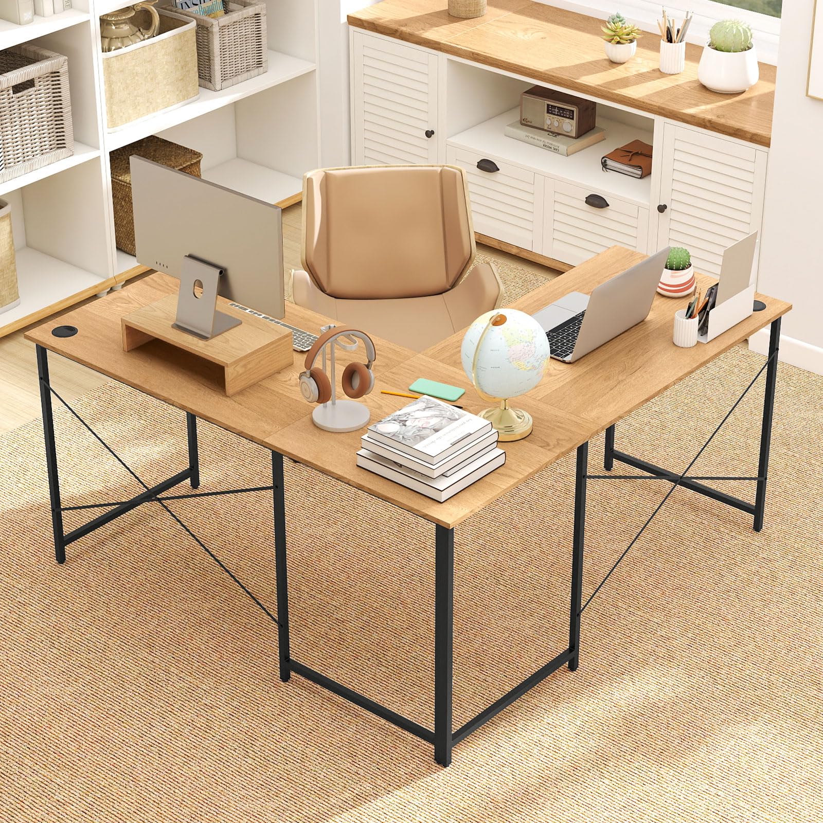 COSTWAY Escritorio de Ordenador en Forma de L, 3 Orificios para Cables, Estante Extra, 2 Formas, Mesa de Trabajo de 2 Personas，Mesa Escritorio Esquina Gaming, 240x60x74,5cm (Natural)