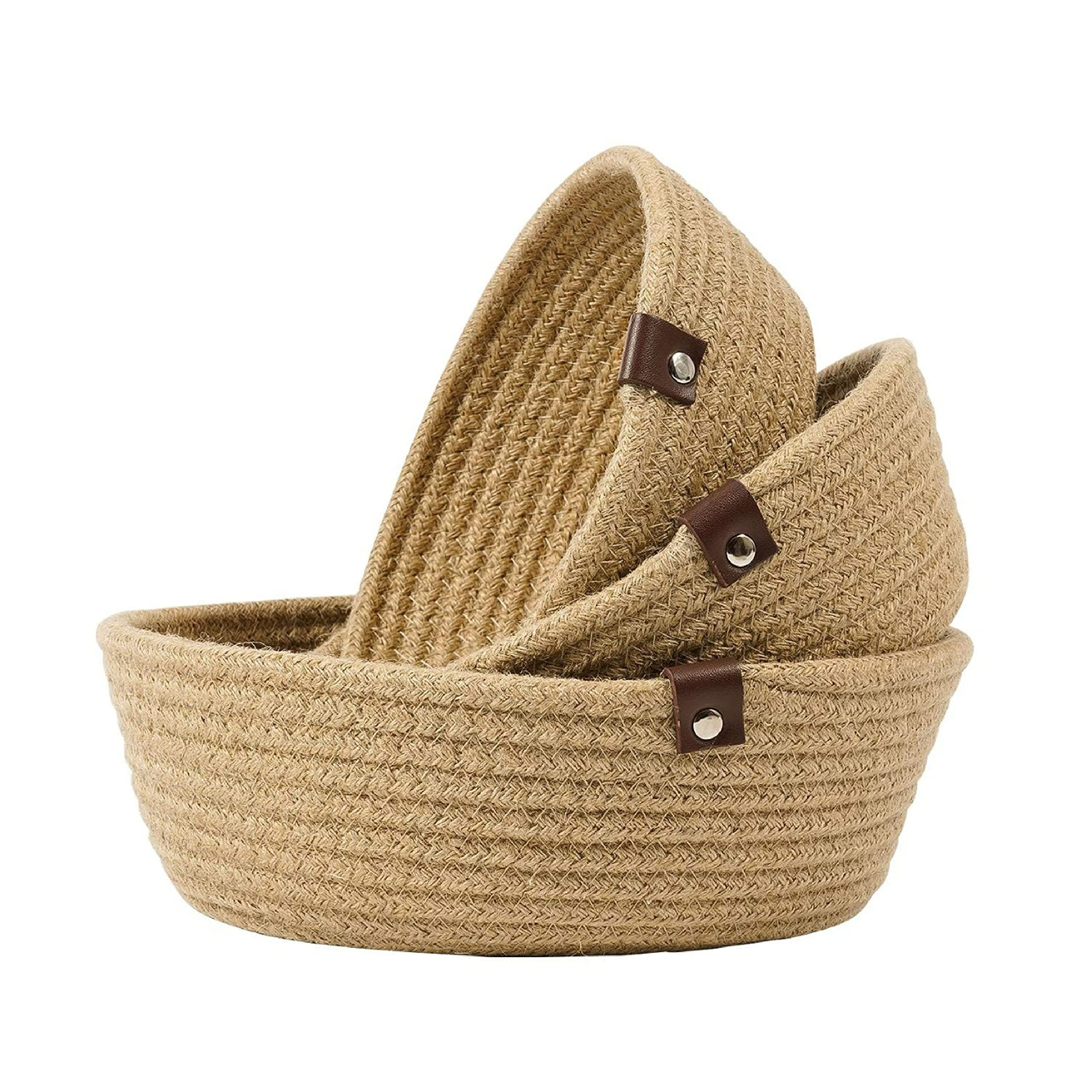 BANTRICK Jute Cotton Basket Fruit Basket Handcrafted Woven Storage Planter Basket for Home Decor, Multi-Purpose Bag with Handle (8-10-12, Beige)