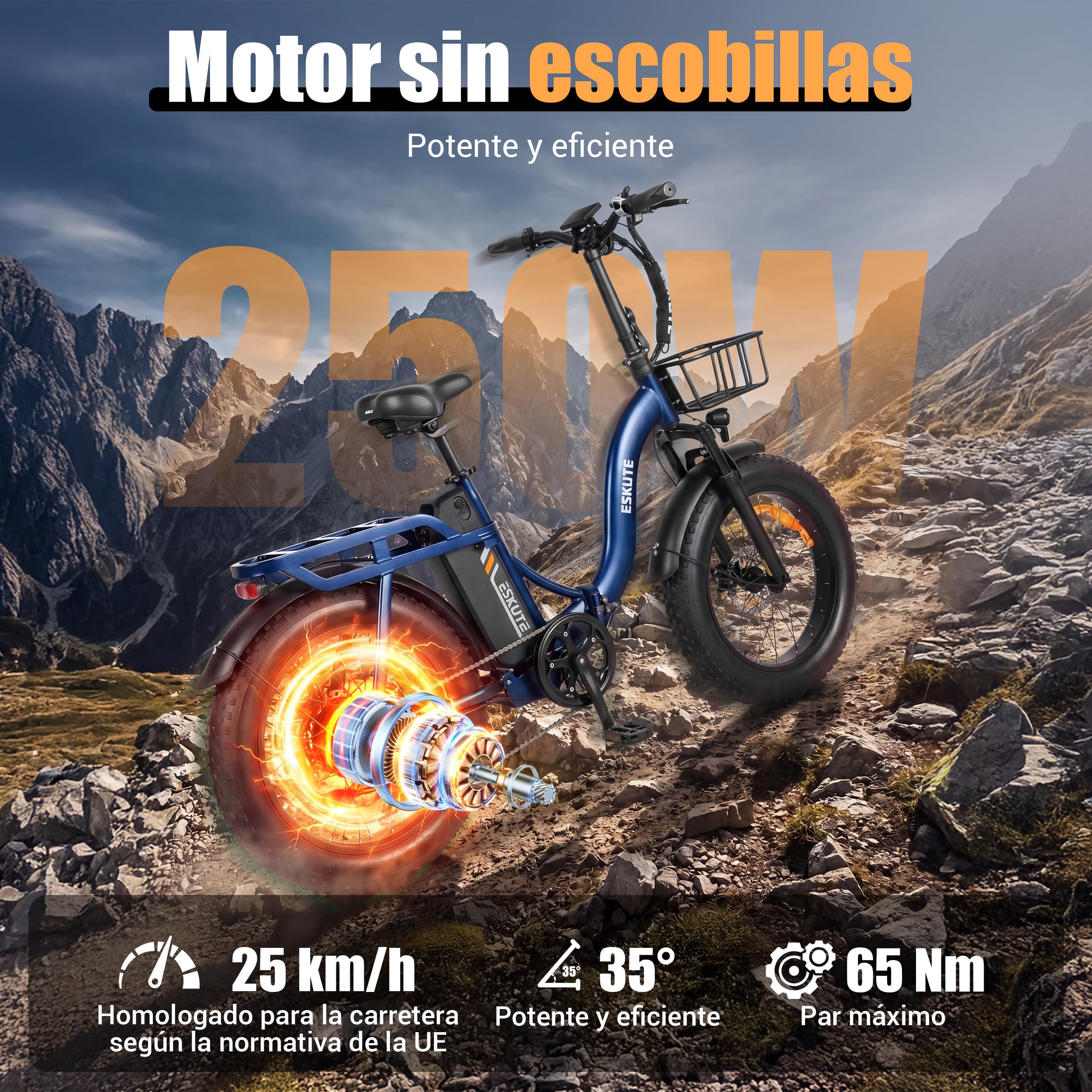 ESKUTE Bicicleta Eléctrica Plegable para Adultos D202 Pro, Fat Bike 20×4.0 con Cesta Delantera, Batería Extraíble 48V 20,8Ah, Motor 250W, hasta 100KM