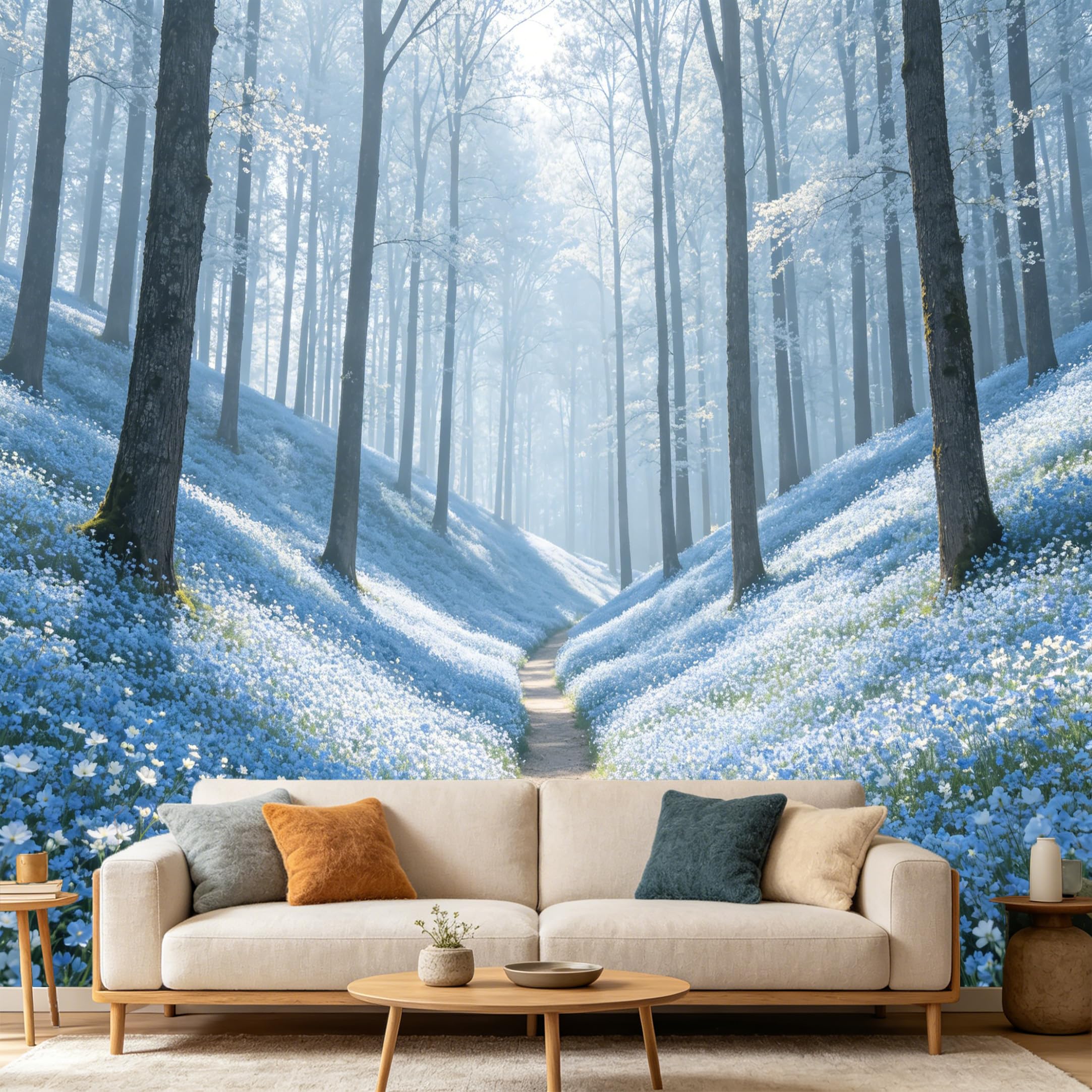 Custom Size Wall Mural Misty Forest Path Blue Flower Landscape SelfAdhesive Art Prints wall Fabric (No PVC) Removable Wallpaper Home Bedroom Decor Nature Woodland Scene