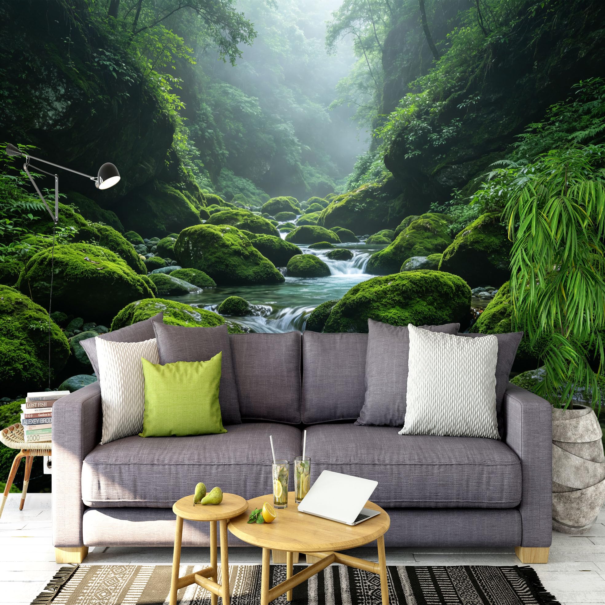 Papel pintado de bosque musgoso para un salón relajante de 130x85 cm
