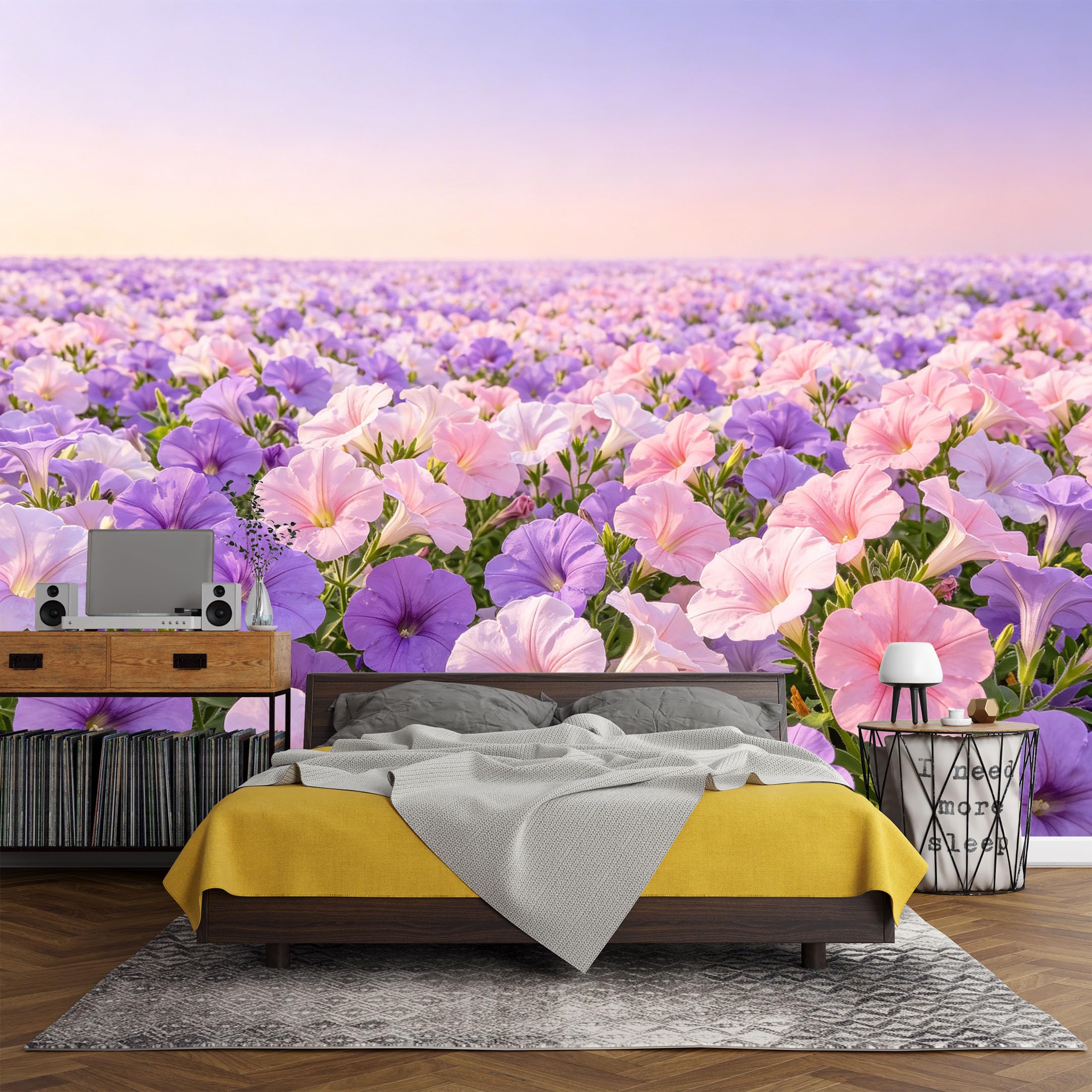 Custom Size Wall Mural， Botanical Lavender Pink Petunia Field Landscape Pastel Floral Scene，SelfAdhesive Art Prints wall Fabric (No PVC) Removable Wallpaper Living Room Decor