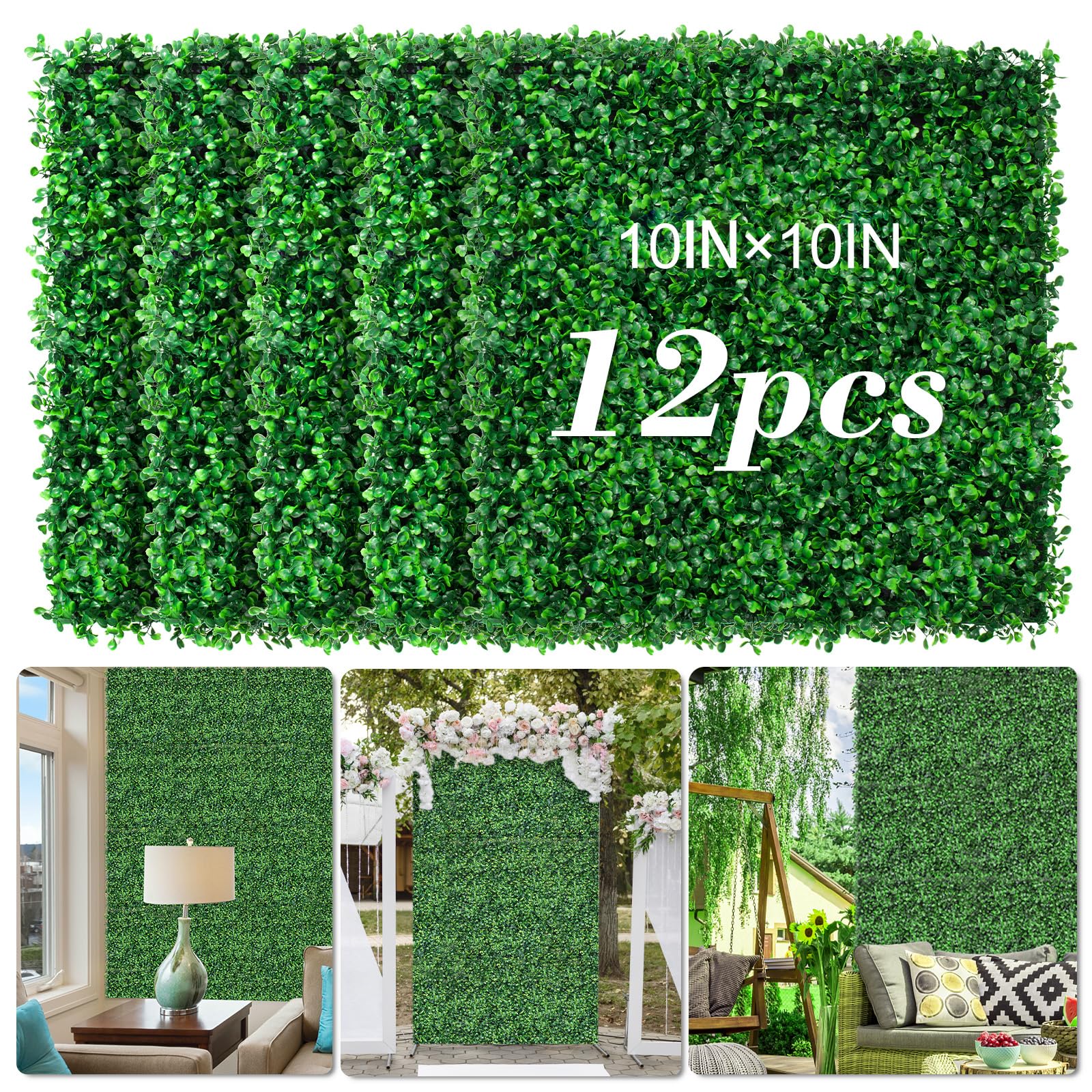 AOKIE 10"X10" Artificial Grass Wall, 12Pcs Boxwood Hedge Wall Panels UV-Anti Grass Backdrop Wall Decor, Greenery Privacy Hedge Screen for Indoor