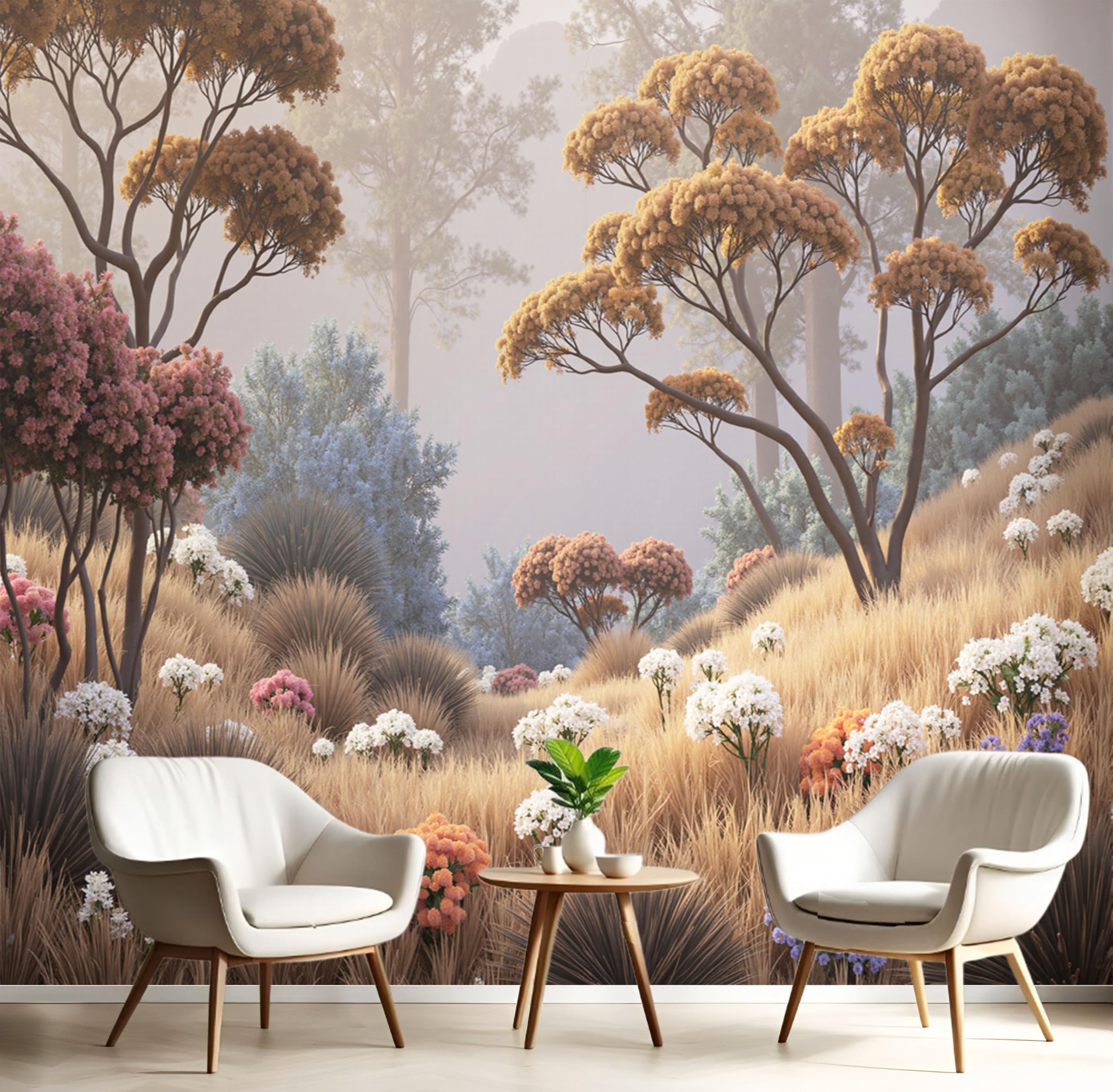 Papier peint panoramique forêt australienne pour masquer les défauts du mur salon