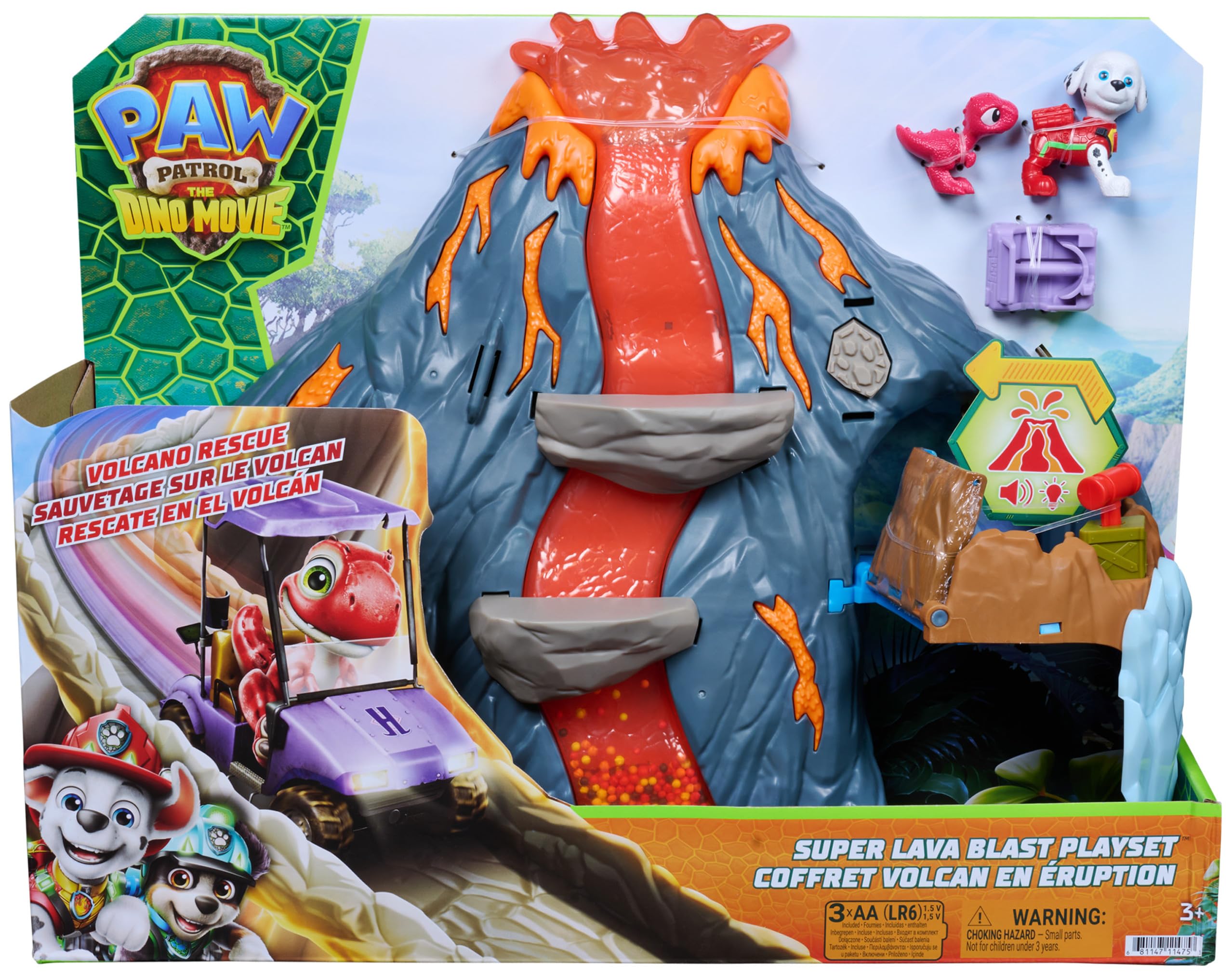 PAW PATROL: Der Dino Film Super-Lava-Blast Vulkan-Spielset, ab 3 Jahren | 360° bespielbar | Marshall- & Rhabarber-Figur | Licht & Sound | Multisensorisches Spiel | Vulkan-Ausbruch-Simulation