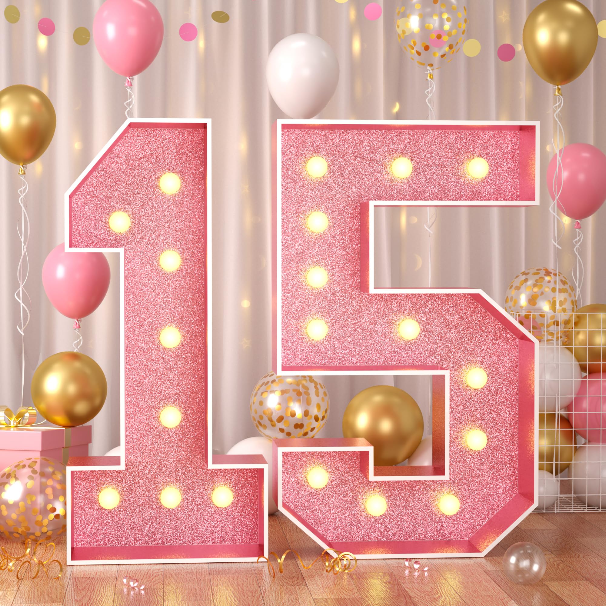 Paready 4FT Marquee 15 Numbers Rose Gold, Light Up Numbers 15 Pink 15th Birthday Decorations, Large Number 15 Light Up Foam Board for Girls 15th