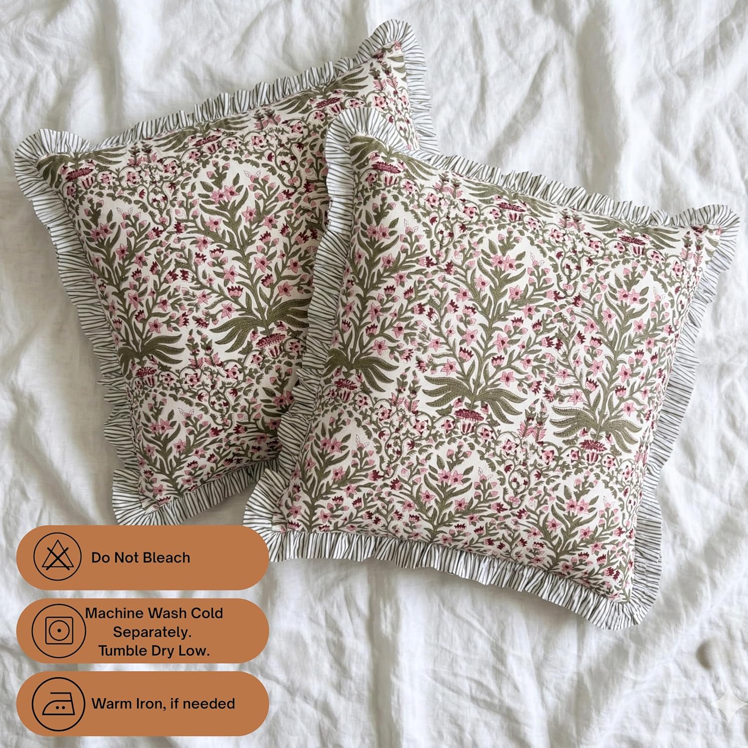 ATOSII Hand Block Printed 100% Cotton Ruffle Throw Pillow Covers, SET OF 2, Decorative Cushion Covers for Sofa, Couch, Bed, Living Room, Bedroom Home Decor for Spring Summer, 18 X 18 Inch, Nargis Pink