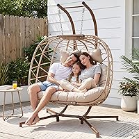 Vista 14 de NICESOUL Acogedora silla colgante con soporte para interiores y exteriores, silla columpio de mimbre para patio con cojín y patas doradas, 350