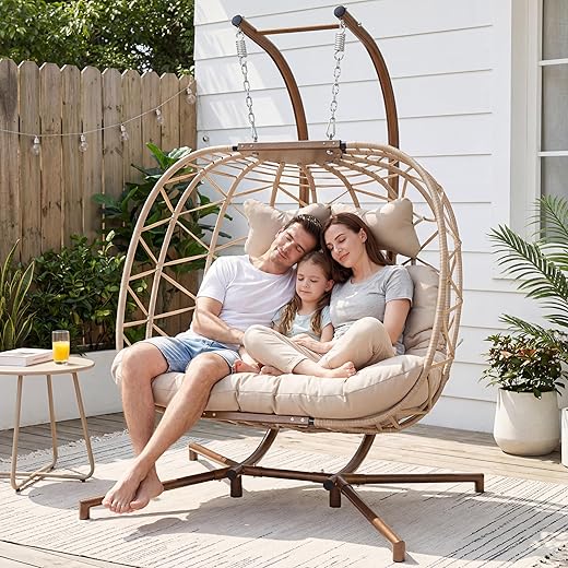 NICESOUL® Double Swing Egg Chair with Stand Large 2 Person Indoor Outdoor Wicker Patio Twins Basket Hanging Chair with Beige Cushions 510 Lbs Capaticy for Bedroom Balcony Oversized