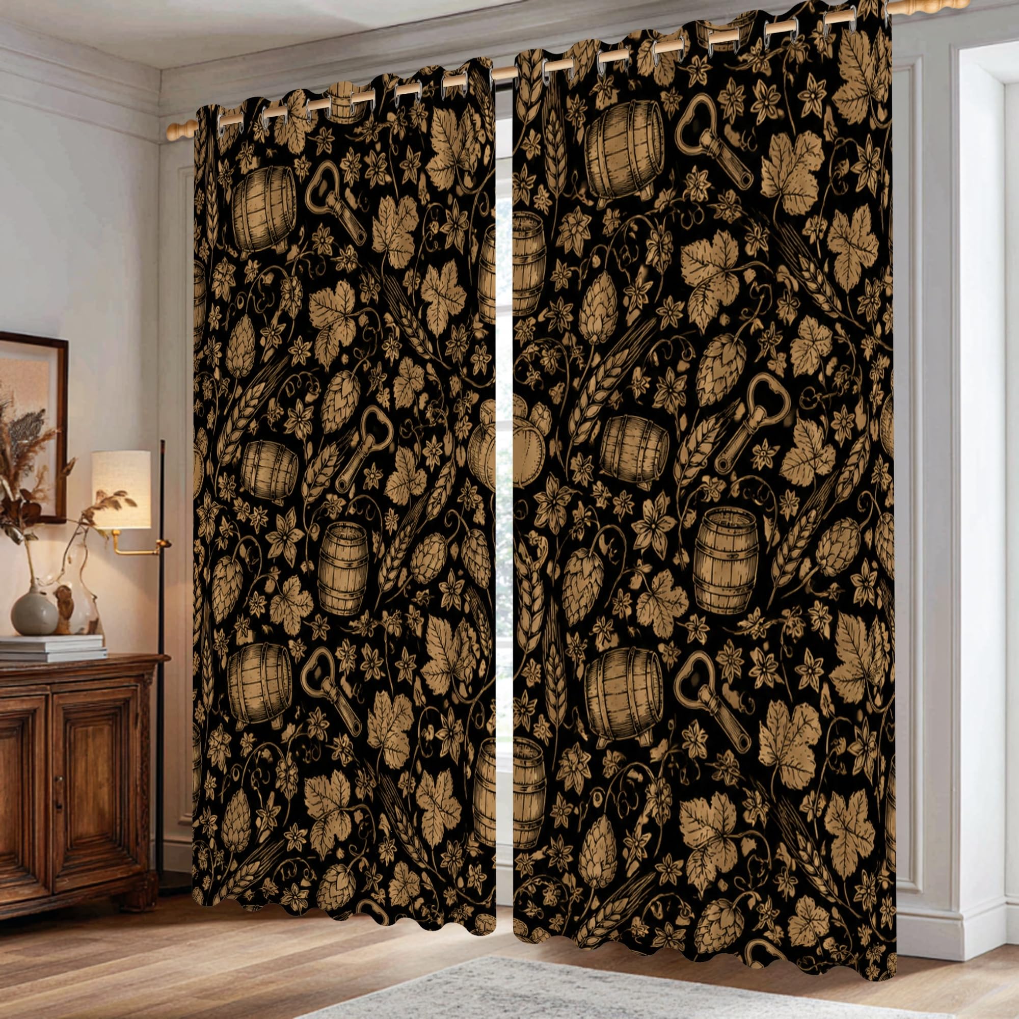 Rideaux occultants vintage lavables en machine motif floral noir 106x183