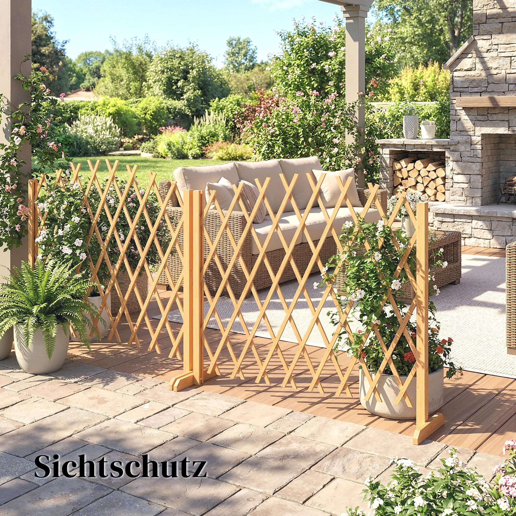 Outsunny Absperrgitter 2er-Set Ausziehbar Holz 180 x 30 x 103 cm Braun | Scherengitter, Freistehende Scherensperre mit Standfüßen, Schutzgitter für Terrasse, Garten, Balkon, Flexible Absperrung