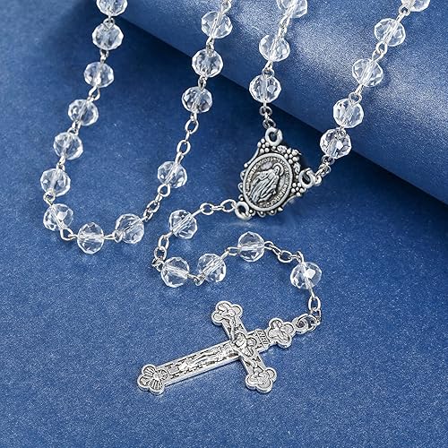 Miniatura 5 de Collar de cuentas de cristal de rosario católico con medalla milagrosa Crucifijo Crucifijo Rosario de comunión