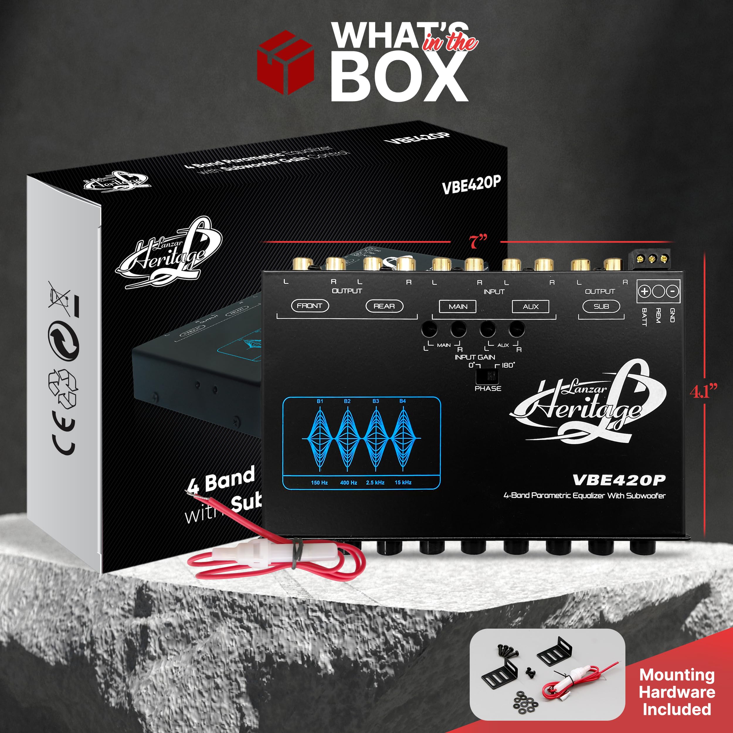Lanzar Equalizzatore stereo a 4 bande - equalizzatore per auto a mezzo DIN con controllo del guadagno subwoofer, ingressi RCA, uscite pre-amplificatore, fader rotativo, selettore di ingresso AUX, luce