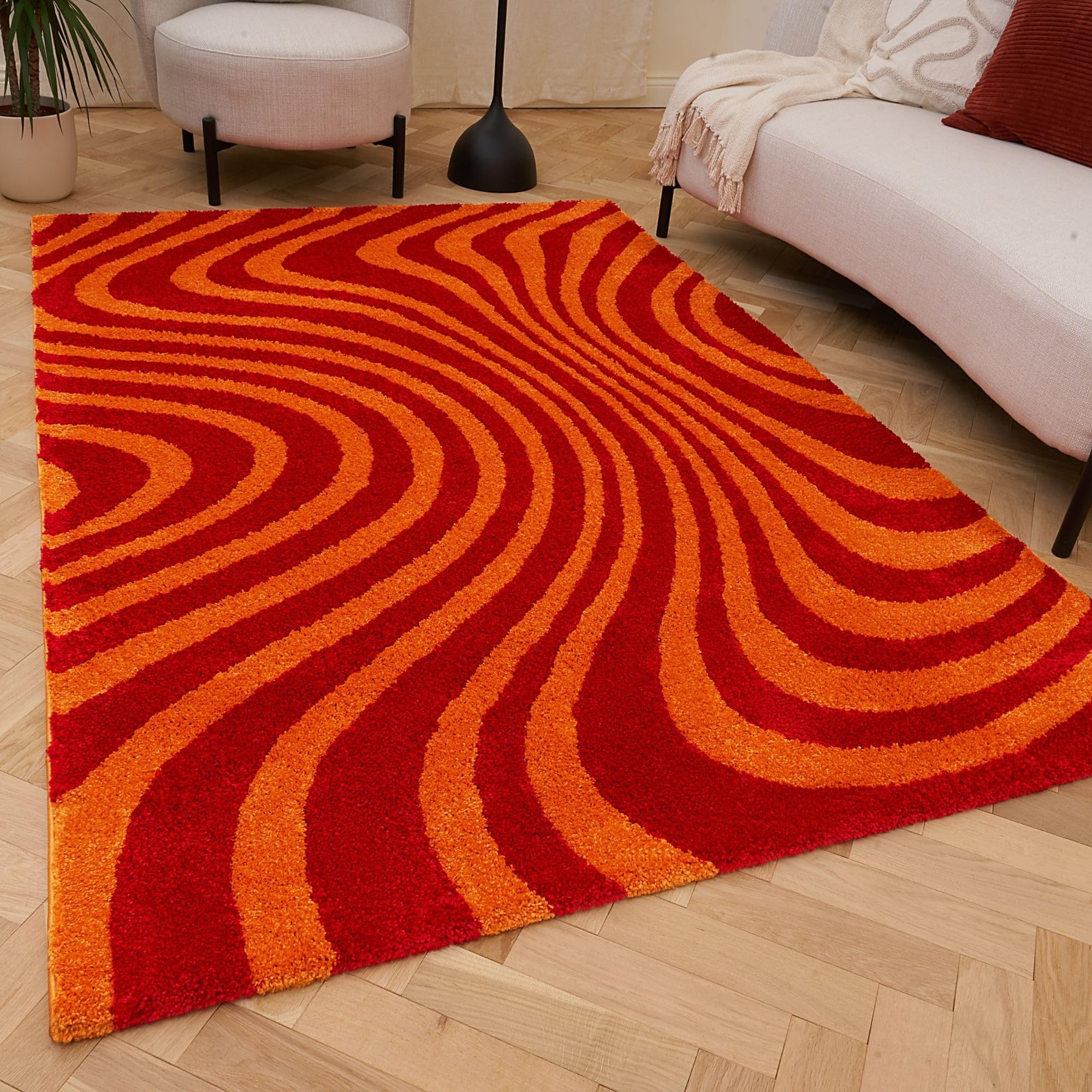 THE RUGS Joli Area Rug - Soft Dense Pile Modern Artistic Design, Durable & Easy Care Carpet for Living Room & Bedroom - Wavy Stripe Red & Orange, 80 x 150 cm