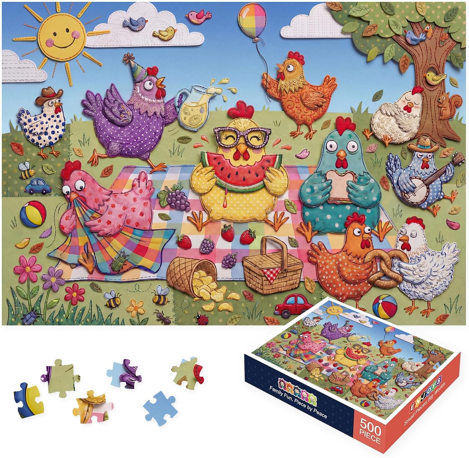Chicken Picnic Party Jigsaw Puzzle for Adults 500 Pieces - Colorful Whimsical Folk Art Rooster Puzzle - Premium Thick Cardboard 20.5x15 in with Reference Poster for Animal Lovers