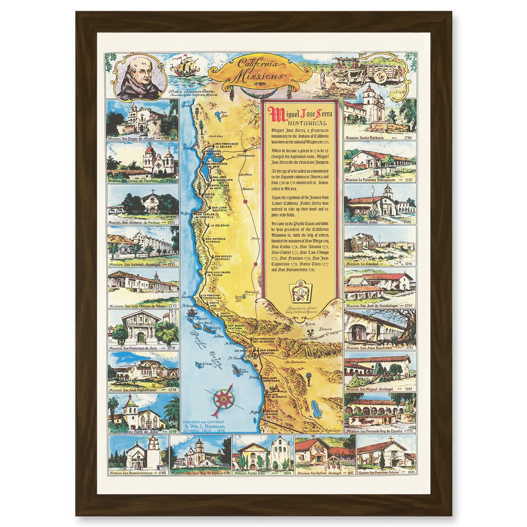 Artery8 Pictorial Map Putnam 1949 California Missions History Artwork Framed Wall Art Print A4