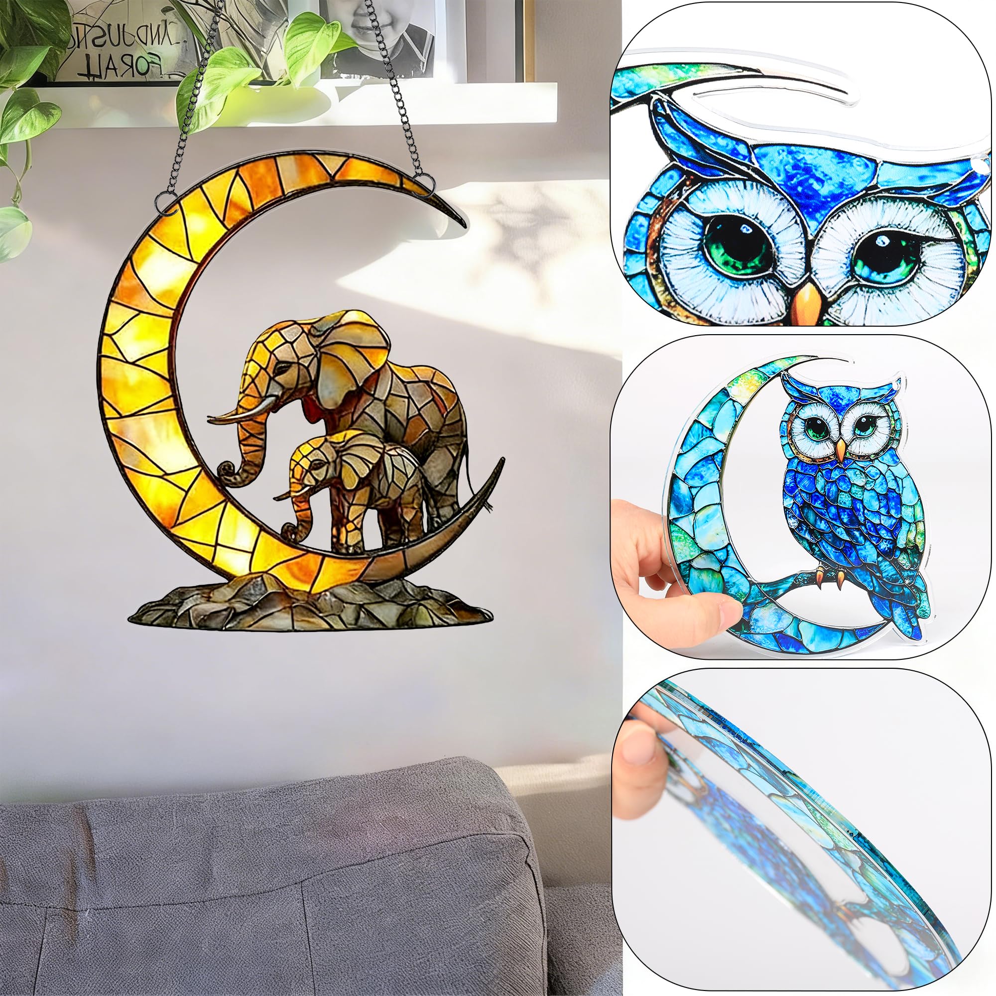 Crescent Moon Mother and Baby Elephant Acrylic Suncatcher with Hanging Chain, Warm Mosaic Window Decor for Home, Patio, Garden,Ideal Present for Family, Housewarming, Baby Shower/YX-42 — view 5