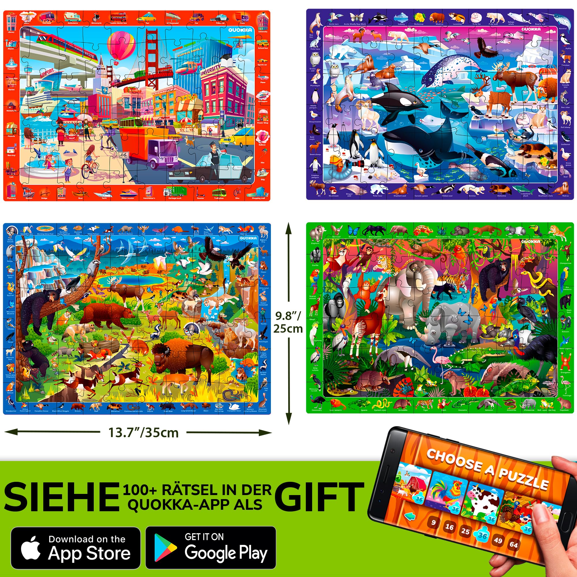 QUOKKA Puzzle ab 4 5 Für Kinder - 4x60 Teile Rahmenpuzzle ab 5 6 Jungen und Mädchen - Puzzle Spiele mit Stadt, Polar, Regenwaldtiere - Geschenk Spielzeug für Kinder 6 7 8 Jahre
