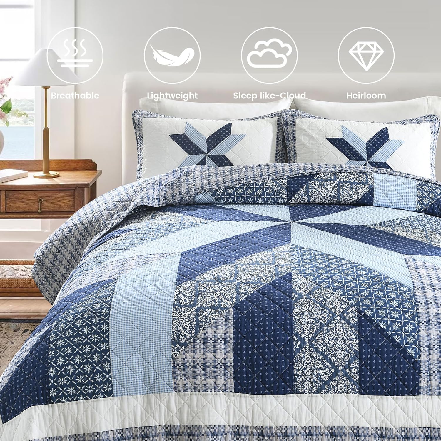 Secgo Handmade Quilted 100% Cotton Queen Comforter Set for Bed - 100% Cotton Quilts Queen Size, Black Bedspreads (90 * 98 Inch) with 2 Pillow Shams, Patchwork Reversible Lightweight Bedding - Image 3