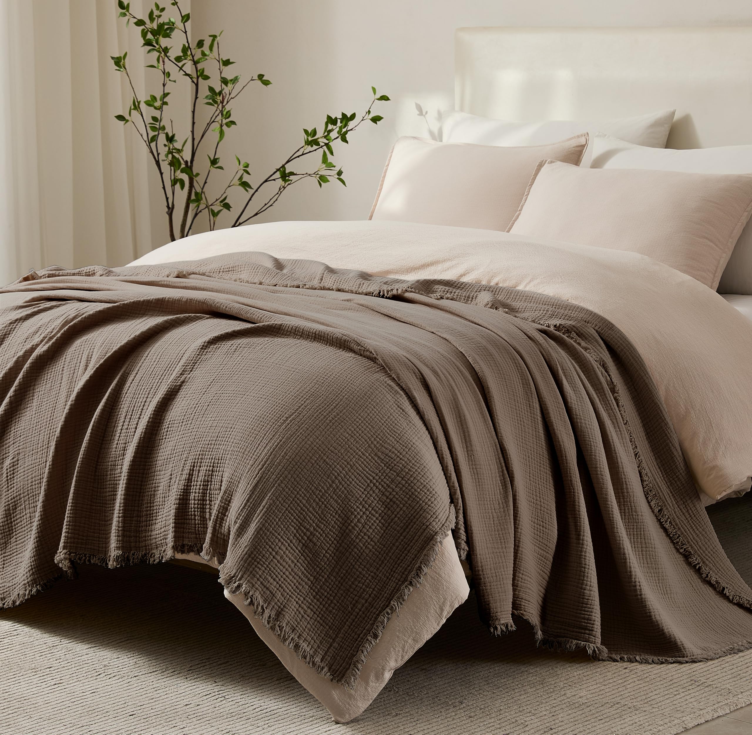 R.SHARE Manta de Muselina 100% Algodón para Adultos 225x270cm 4 Capas Colcha Cama 130x150cm Verano Primavera Suave Ligera y Transpirable Manta para Sofá Cama, Moca