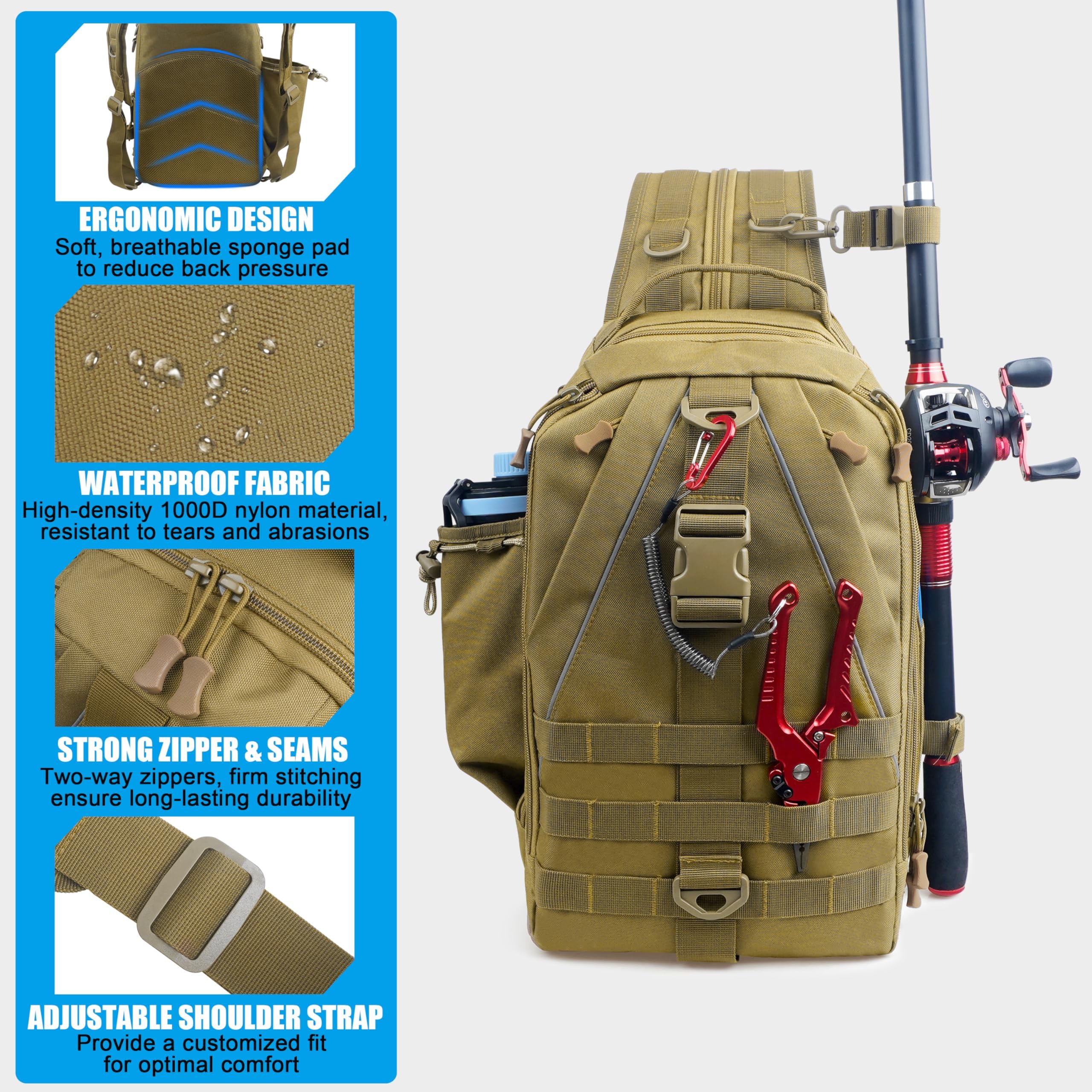 Zaino Tattico Militare, Custodia per Attività All'aperto, Impermeabile, Multifunzionale, Borsa da Pesca, Militare, Trekking, Zaino per Sport, Attività All'aperto, Escursionismo, Trekking e Campeggio