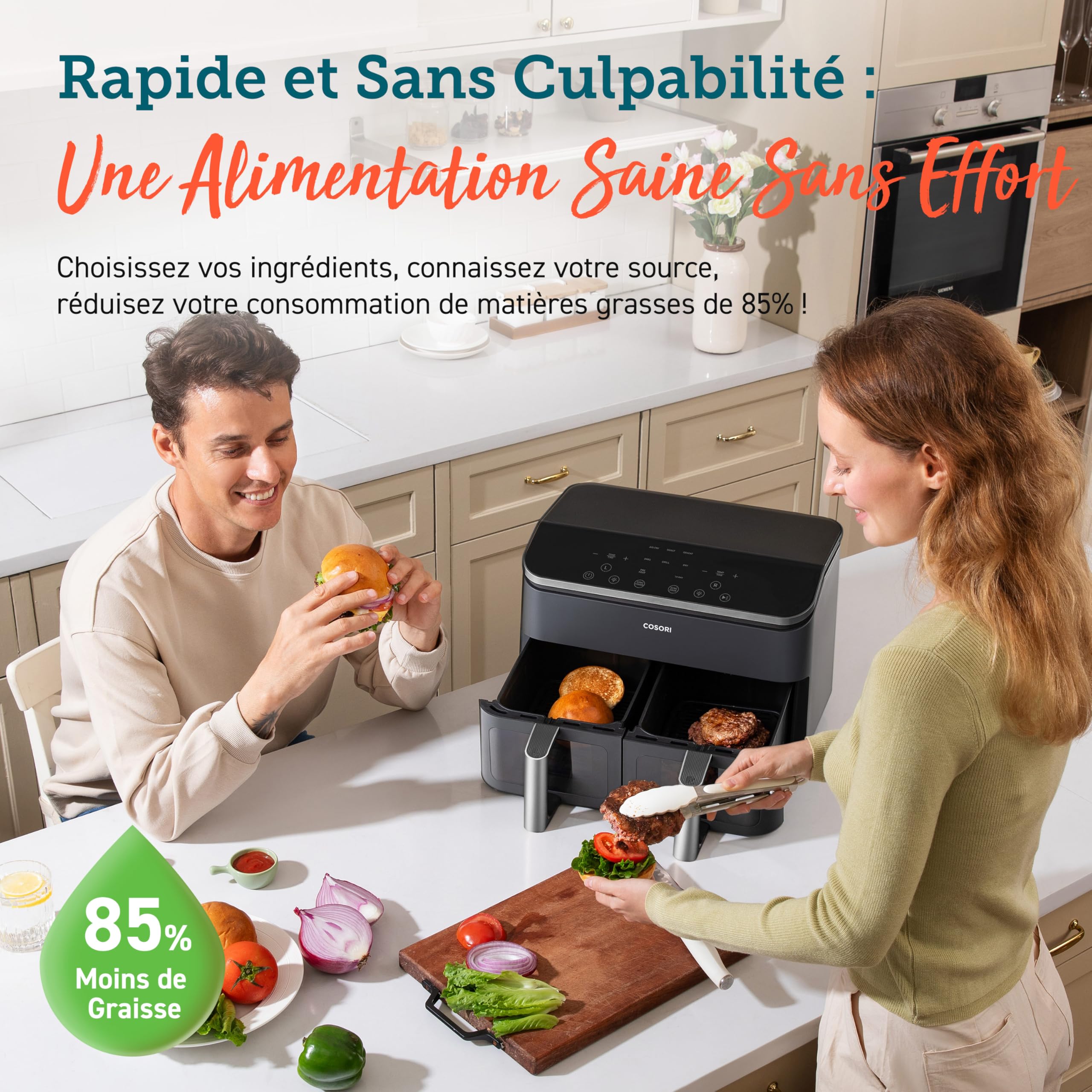 Cosori Air Fryer R901 8,5L 85% de graisse en moins | 8-en-1, 71% d'énergie en moins, 55% plus rapide, pour jusqu'à 8 personnes, va au Lave-vaisselle, Noir