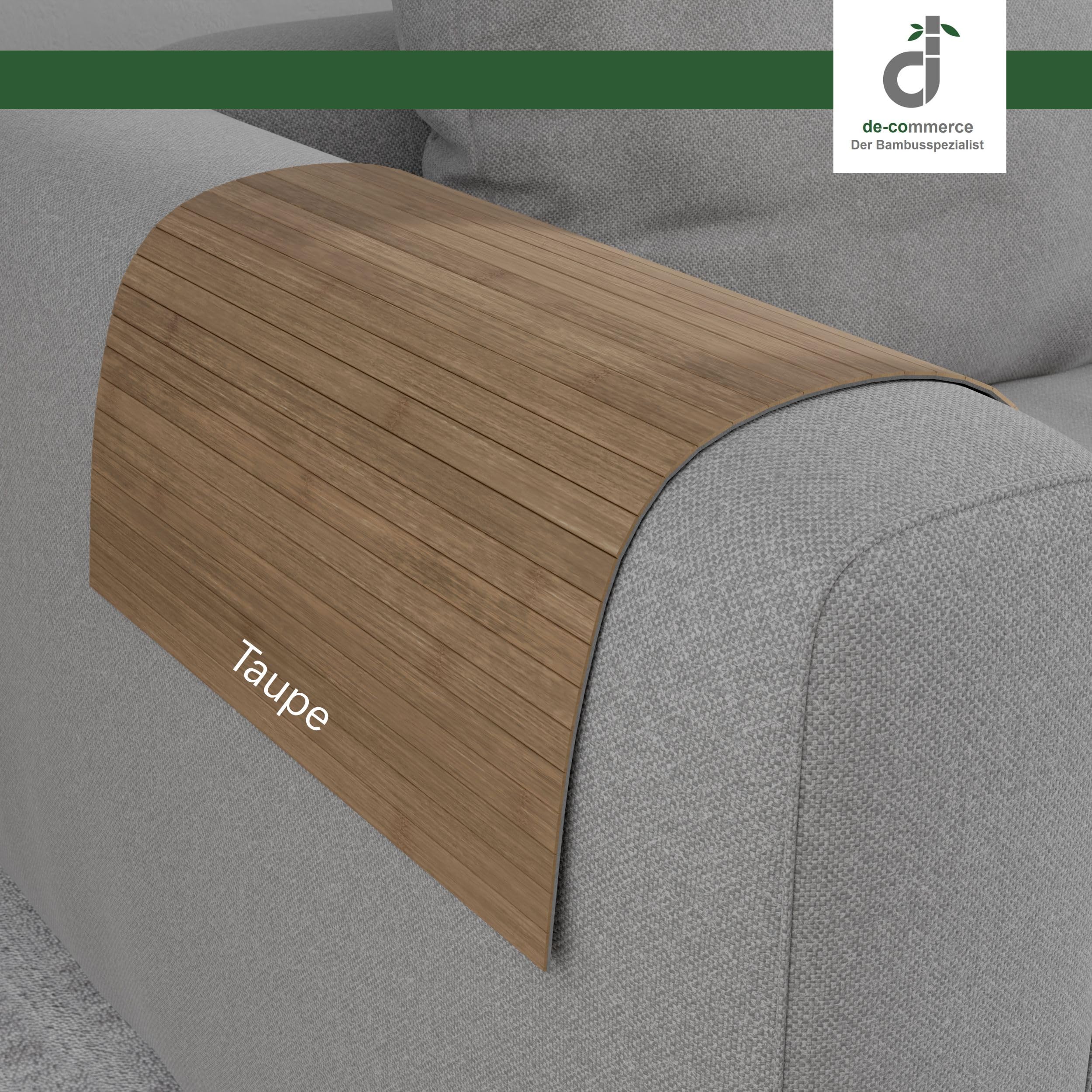 DE-COmmerce Couchablage aus Bambus, Sofatablett, Couchtablett, Armlehne, Getränkehalter, Flexablage Taupe 30 x 50 cm
